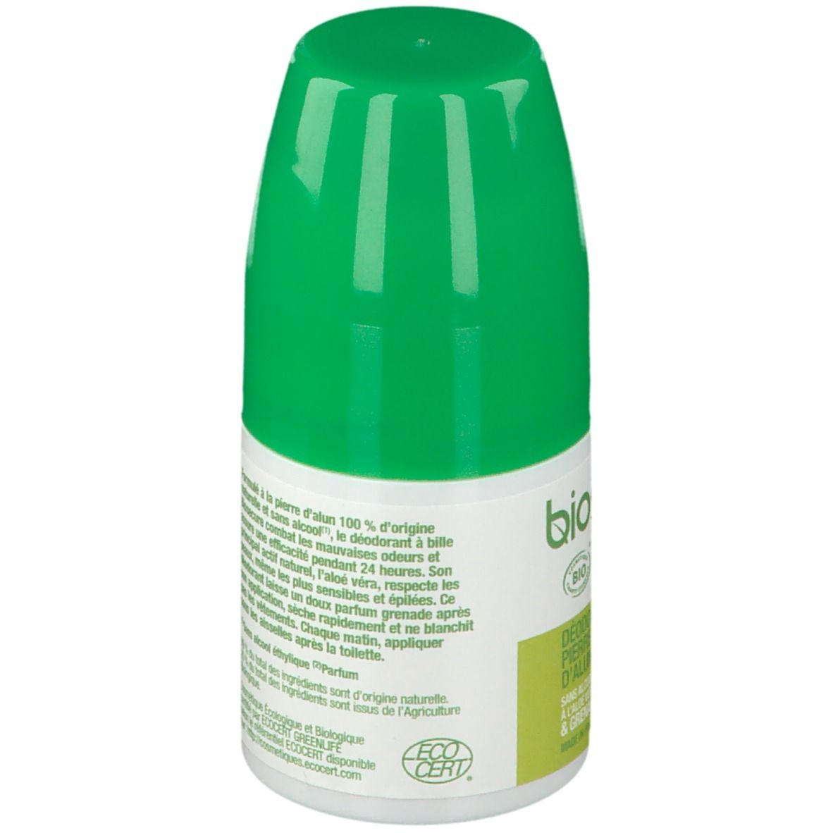 Dos du roll-on avec texte. Formule à la pierre d'alun, 99% ingrédients d'origine naturelle. Bio Secure.