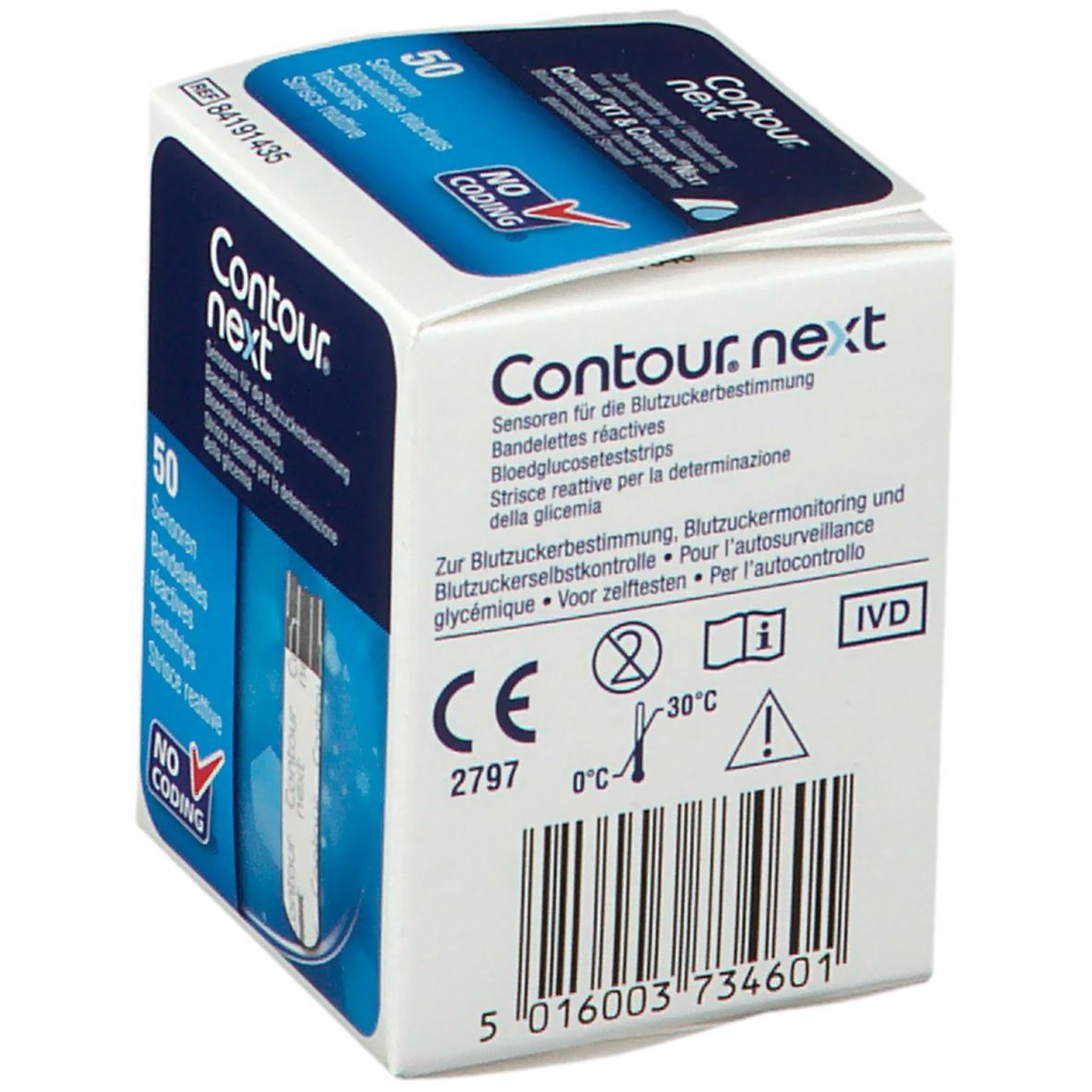 Rückseite der Verpackung mit Contour Next Teststreifen. Enthält Informationen und Symbole.