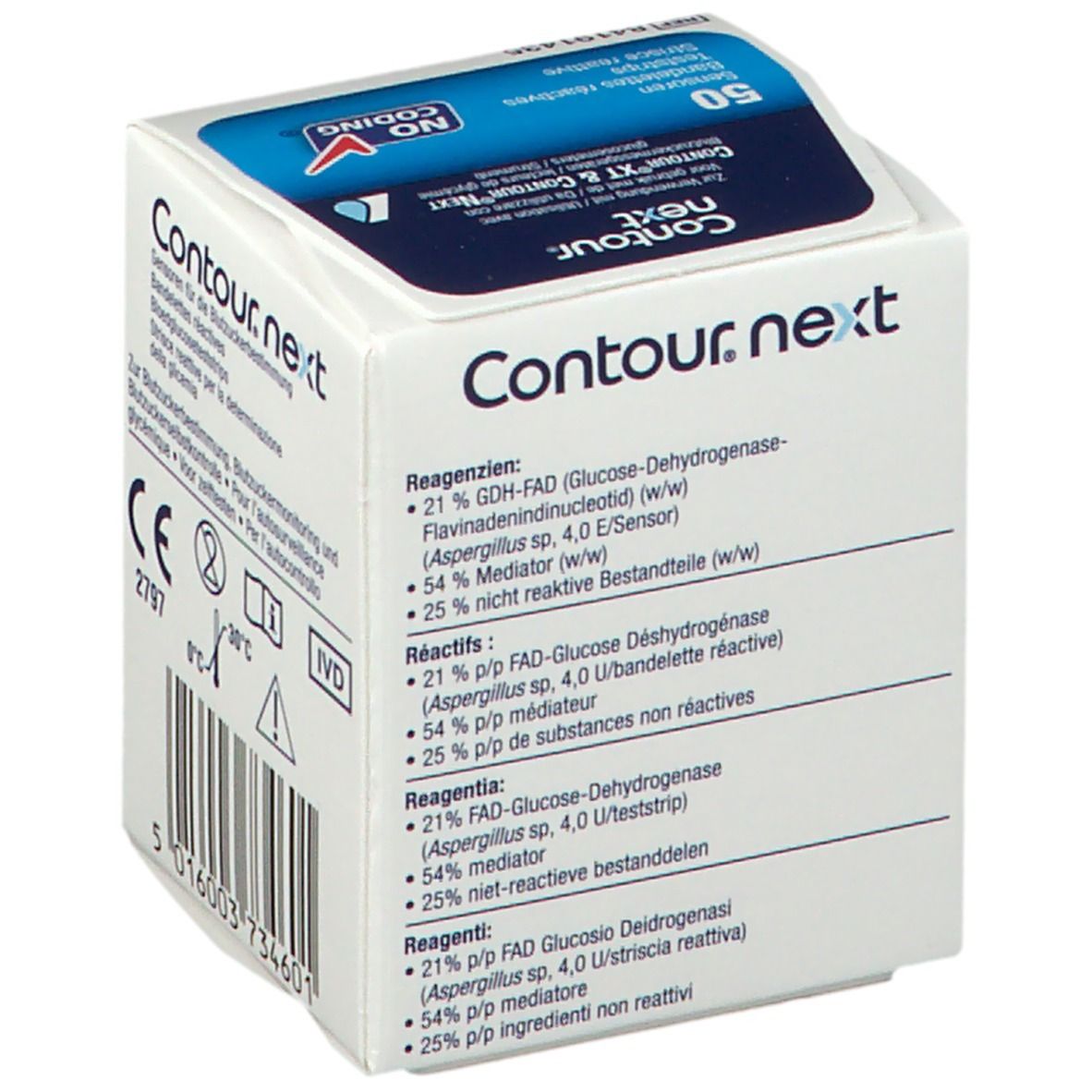 Verpackung mit Contour Next Teststreifen. Enthält Informationen zu den Reagenzien.
