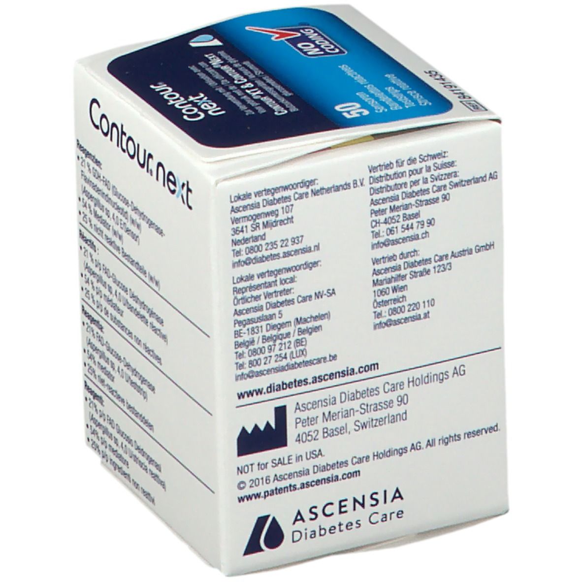 Verpackung mit Contour Next Teststreifen. Enthält Kontaktinformationen und Herstellerangaben.