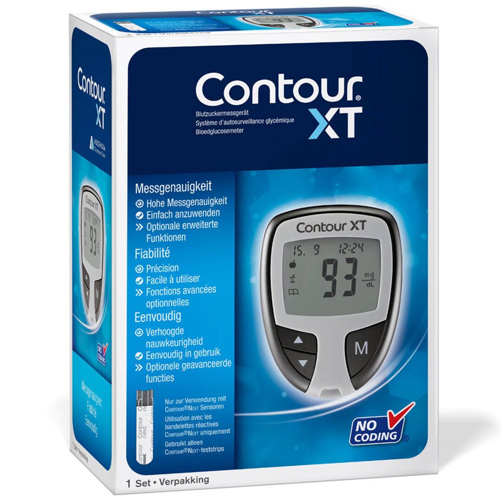 Verpakking Contour XT bloedglucosemeter. Display toont 93. Teststrips inbegrepen. "No Coding".