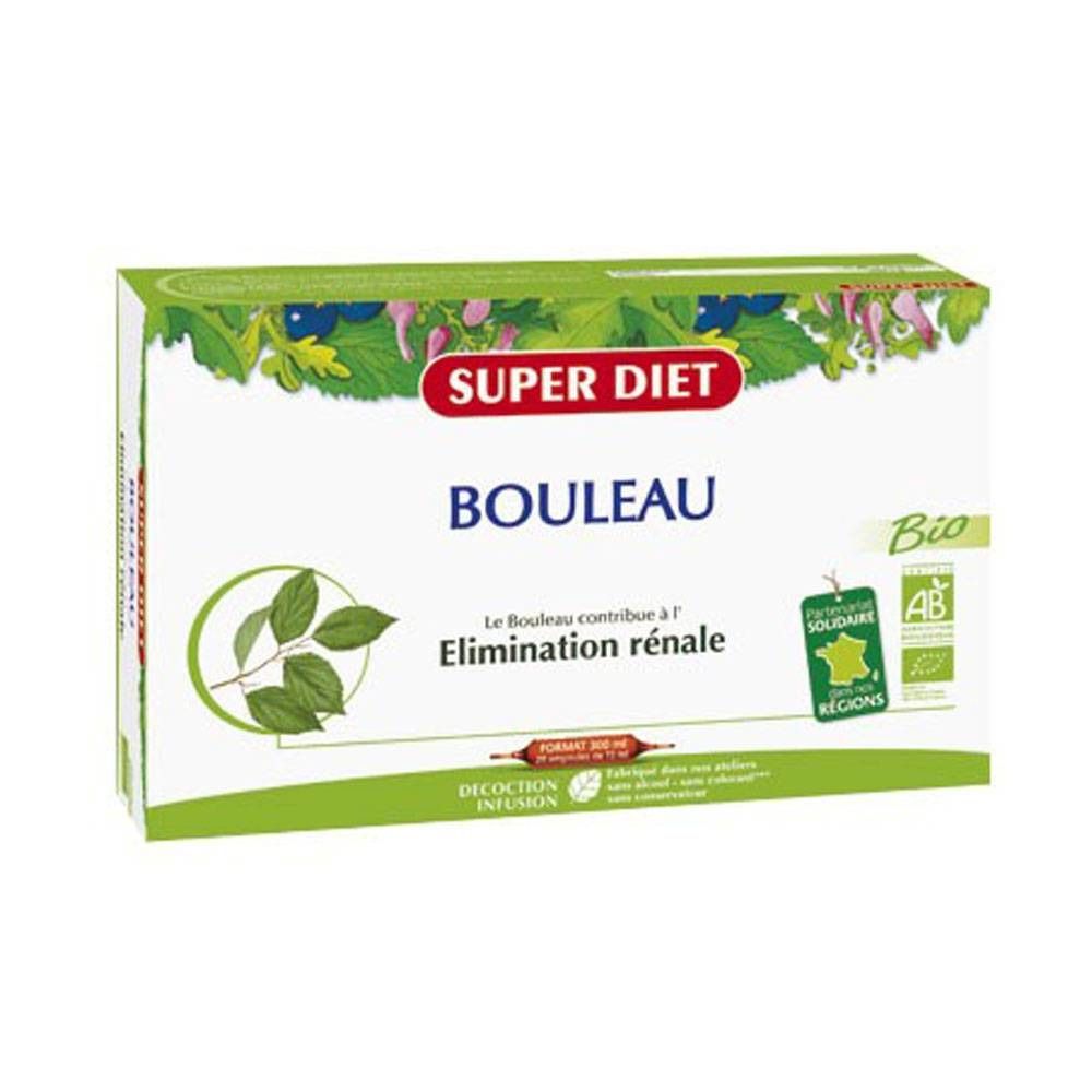 Boîte SUPERDIET Bouleau. Vert et blanc, avec nom du produit et label bio. Texte: Elimination rénale.