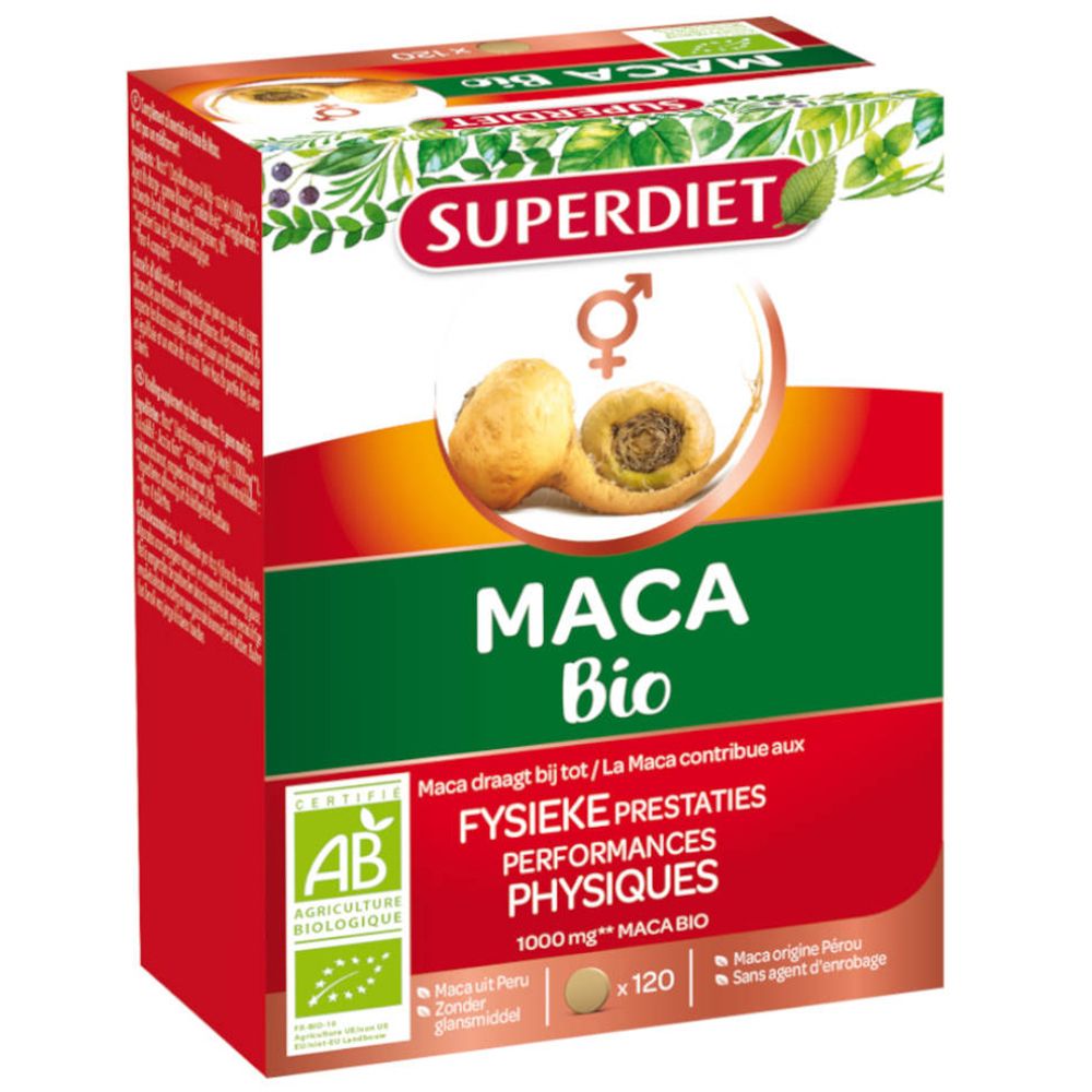 Boîte "MACA BIO" et logo "SUPERDIET". Contient 120 comprimés. Certification AB. Illustration de tubercules de maca.