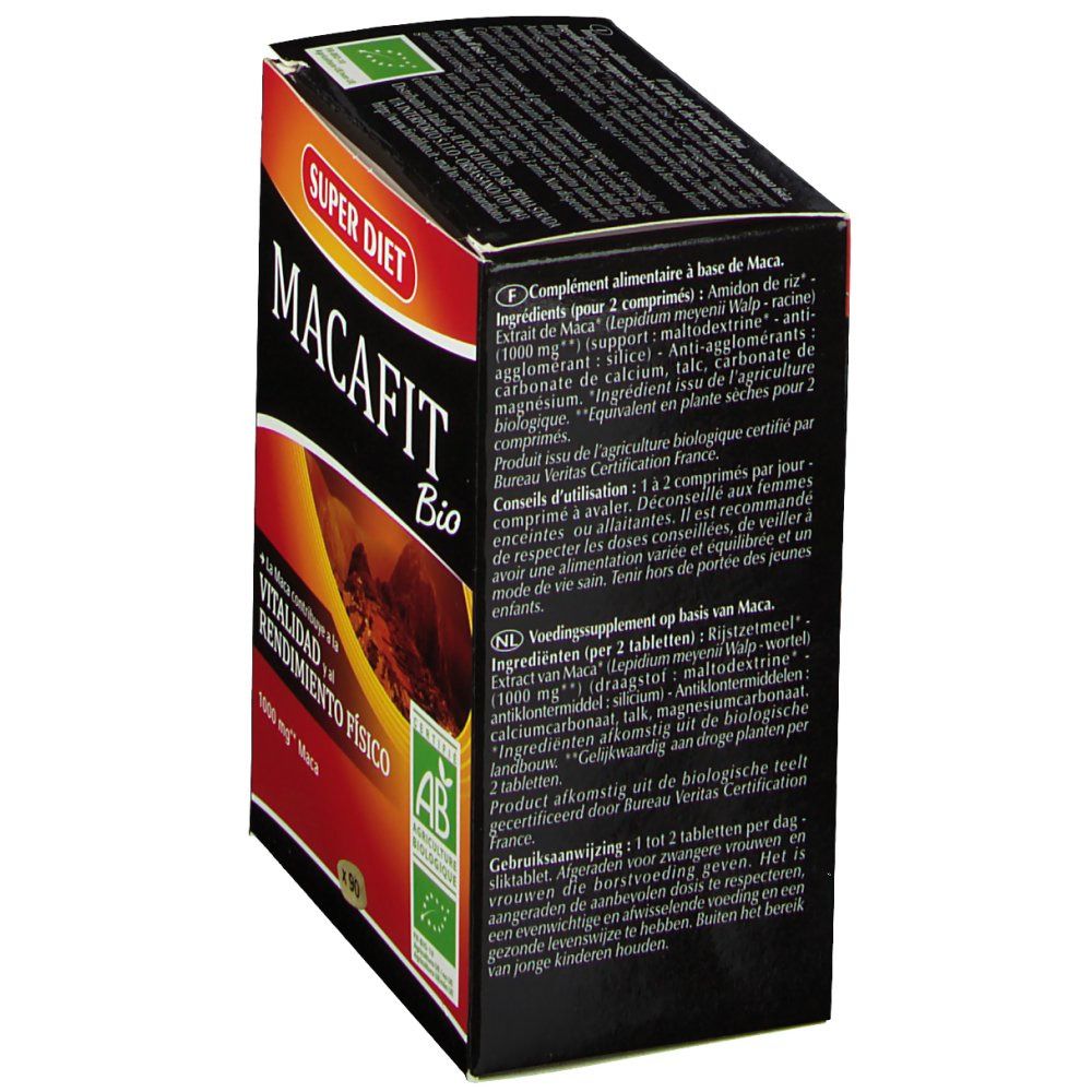 Boîte noire avec logo "MACA BIO" et "SUPERDIET". Contient des informations sur les ingrédients et l'utilisation. Certification AB.