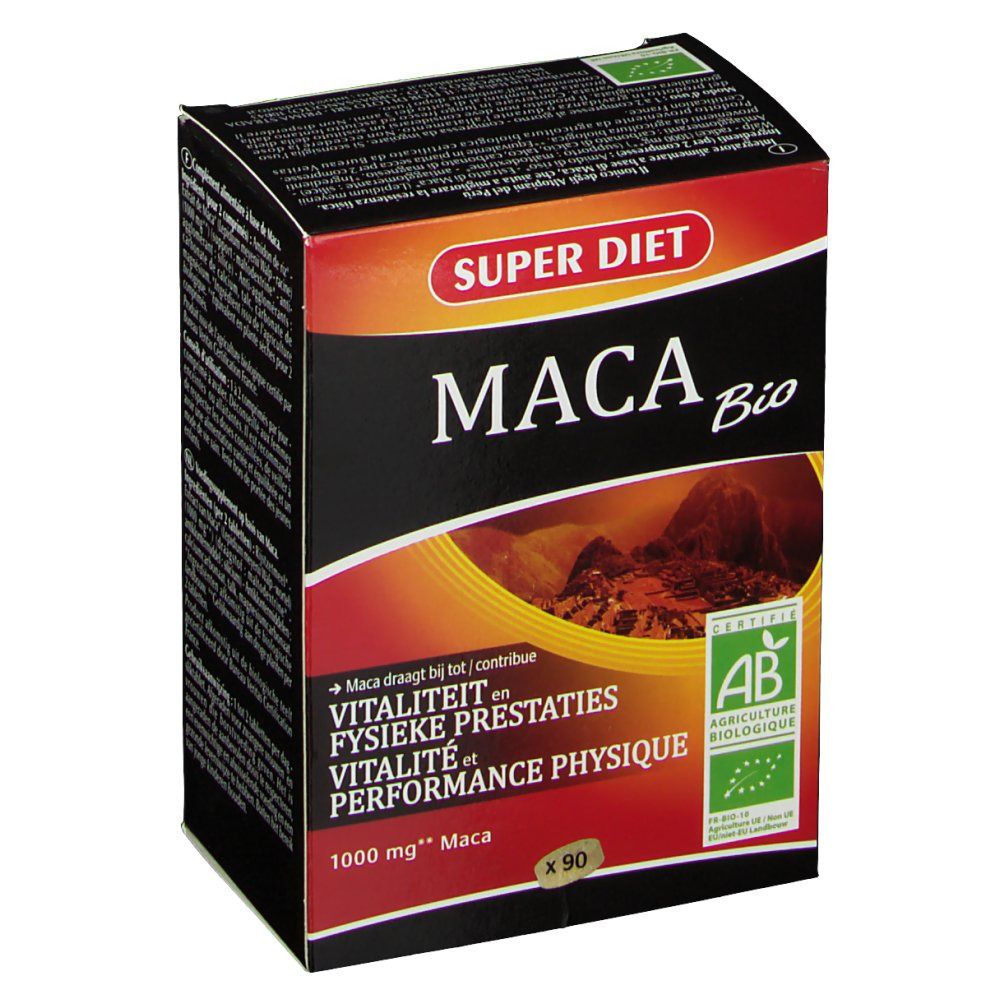 Boîte "MACA BIO" et logo "SUPERDIET". Contient 90 comprimés. Certification AB. Texte : Vitalité et performance physique.