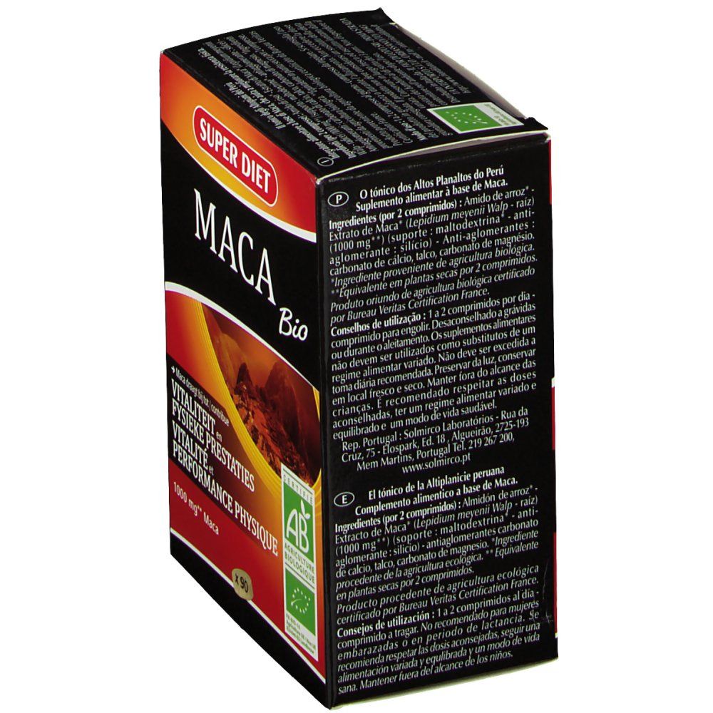 Boîte "MACA BIO" et logo "SUPERDIET". Contient des informations sur les ingrédients et l'utilisation. Certification AB.