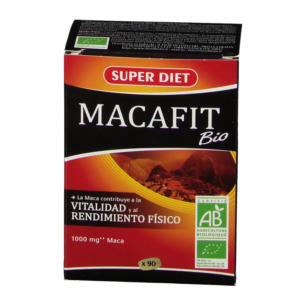 Boîte "MACA BIO" et logo "SUPERDIET". Contient 90 comprimés. Certification AB. Texte : Vitalité et performance physique.