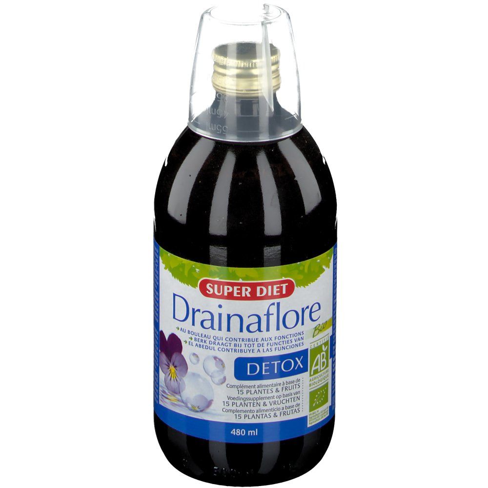 Flacon en verre brun avec bouchon et étiquette. Inscription: SUPER DIET Drainaflore DETOX. Fleur violette et volume 480 ml.