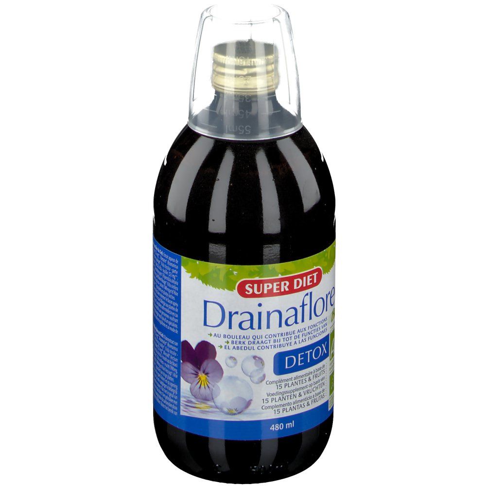 Flacon en verre brun avec bouchon et étiquette. Inscription: SUPER DIET Drainaflore DETOX. Fleur violette et volume 480 ml.
