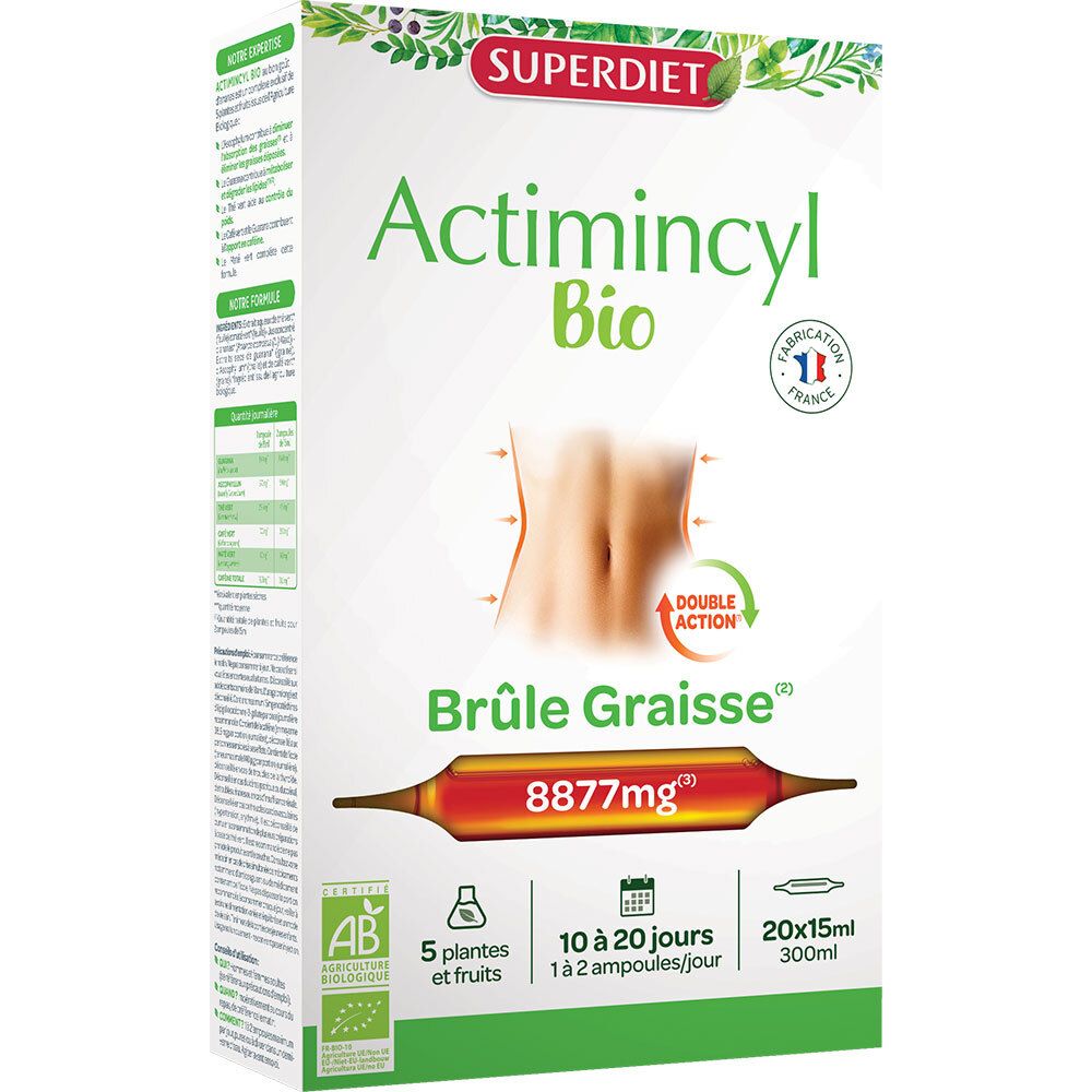 Emballage Actimincyl Bio. Contient des ampoules. Label Bio. Double action.