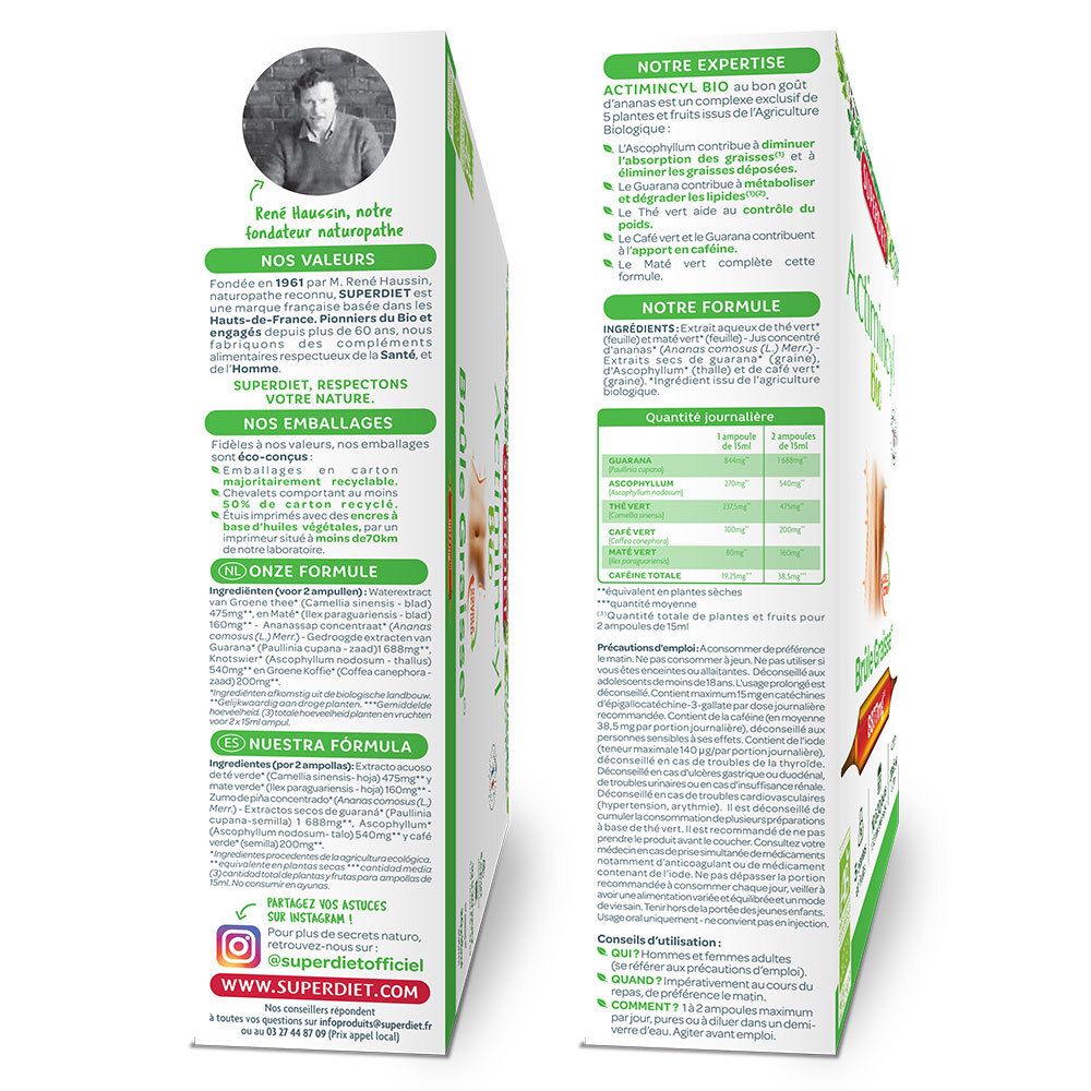 Dos de l'emballage Actimincyl Bio. Texte et ingrédients. Label Bio.