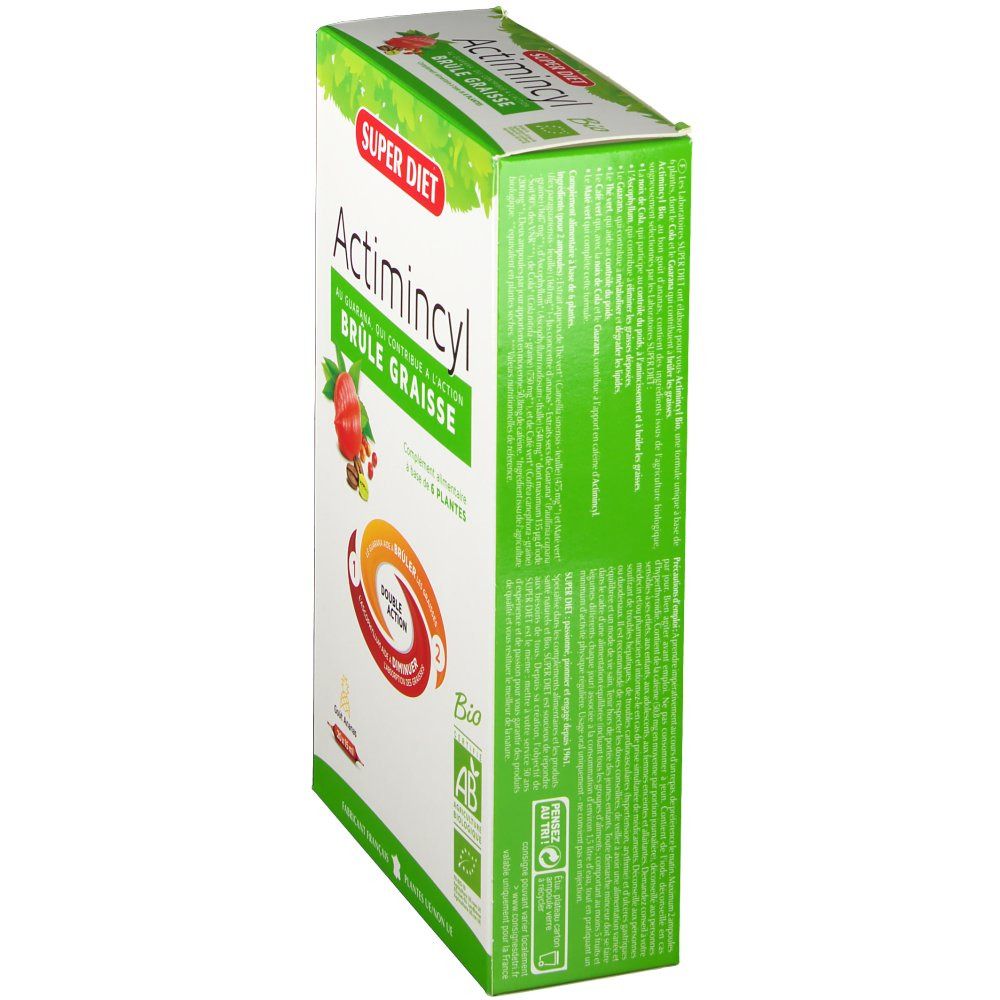 Côté de la boîte Actimincyl Bio. Texte et logo. Label Bio.