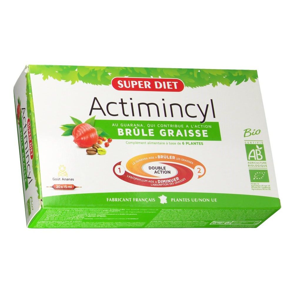Boîte Actimincyl Bio. Vert, blanc et rouge. Avec label Bio et illustrations.