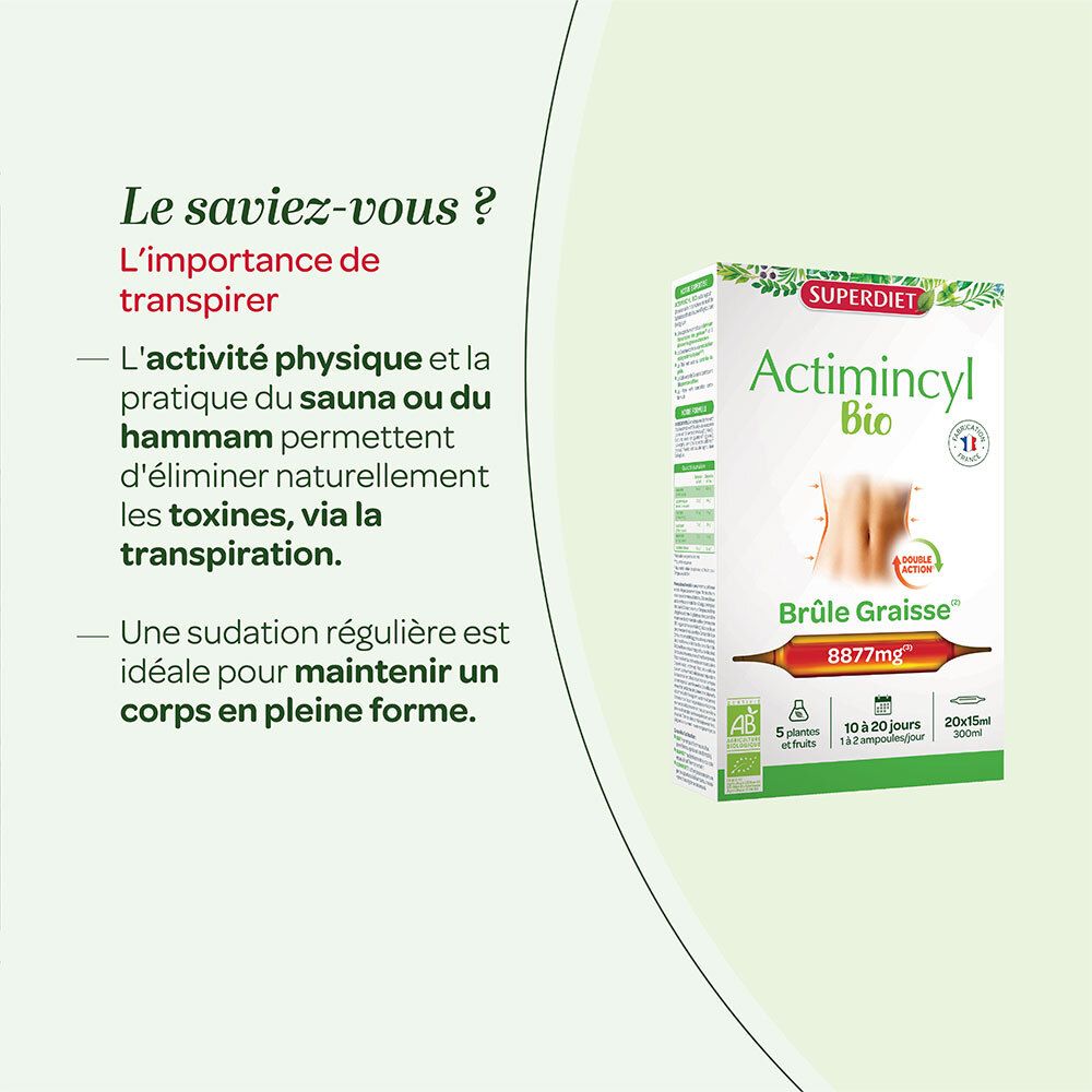Illustration Actimincyl Bio. Texte, ampoule, dimensions. Label Bio.