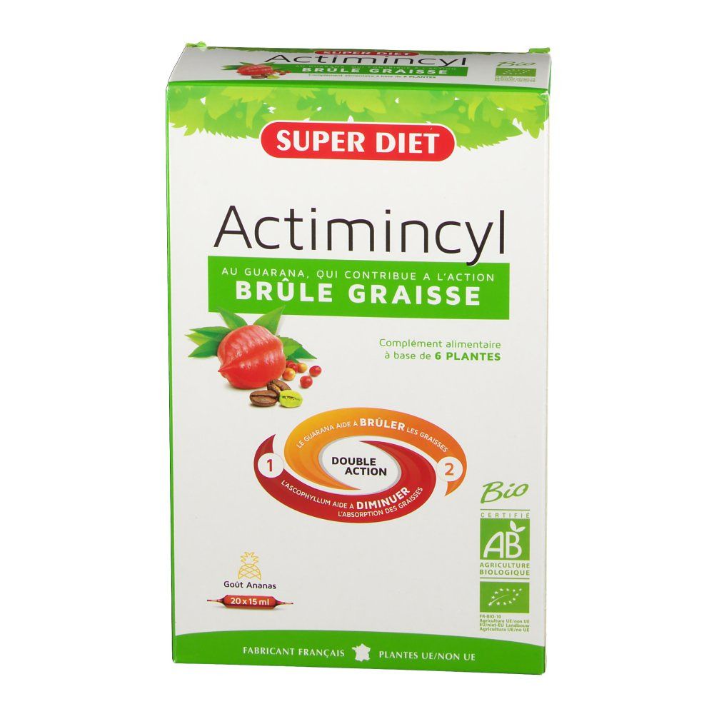 Boîte Actimincyl Bio. Vert, blanc et rouge. Avec label Bio et illustrations.