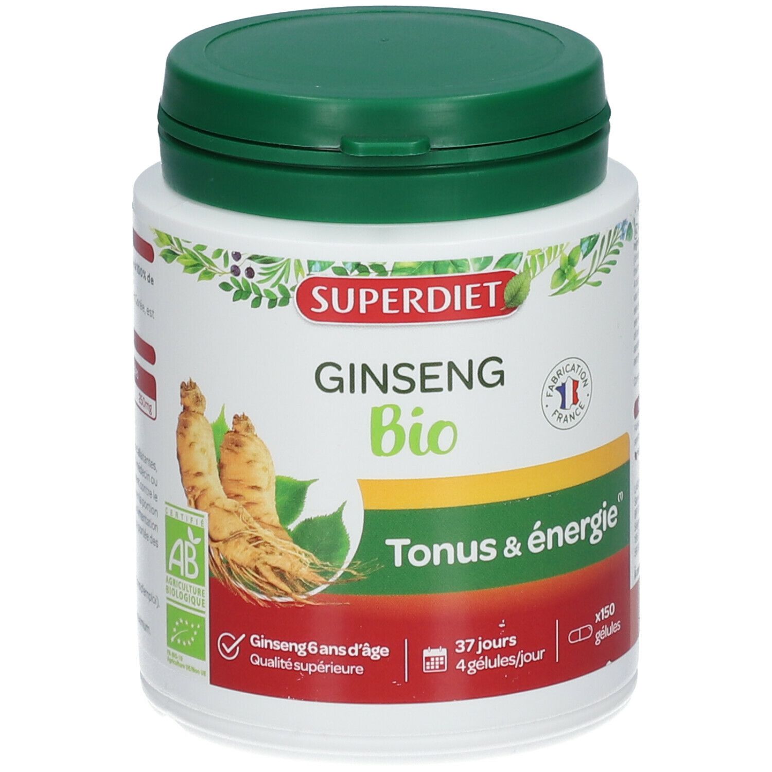 Witte fles met groene dop. Opschrift: SUPERDIET GINSENG Bio. Afbeelding van ginsengwortels. Tonus & énergie.