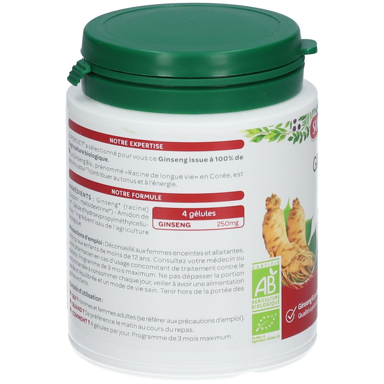 Achterkant van de witte fles met groene dop. Tekst: ingrediënten, gebruiksaanwijzing. Afbeelding van ginsengwortels. Bio-certificering.