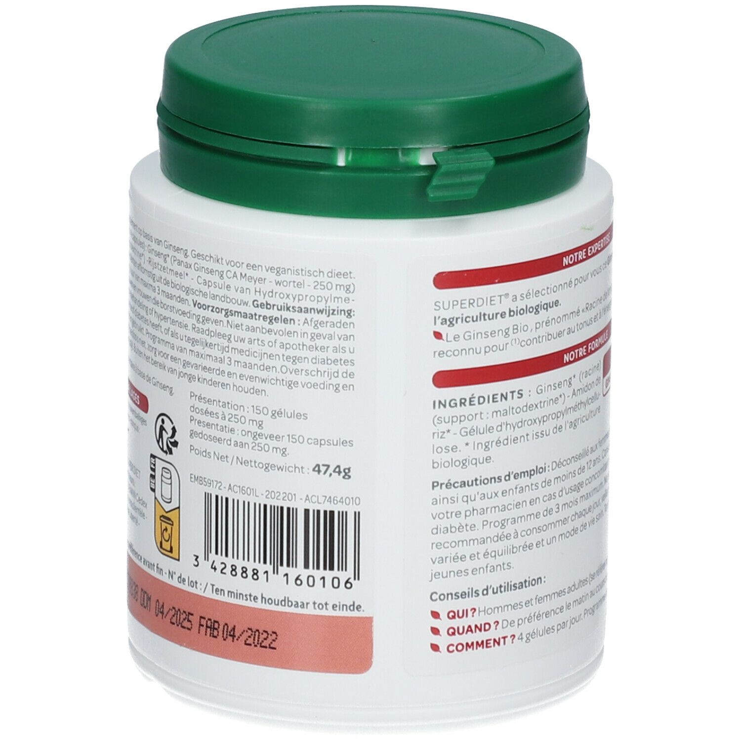 Achterkant van de witte fles met groene dop. Tekst: ingrediënten, dosering, houdbaarheid. Bio-certificering. Barcode.