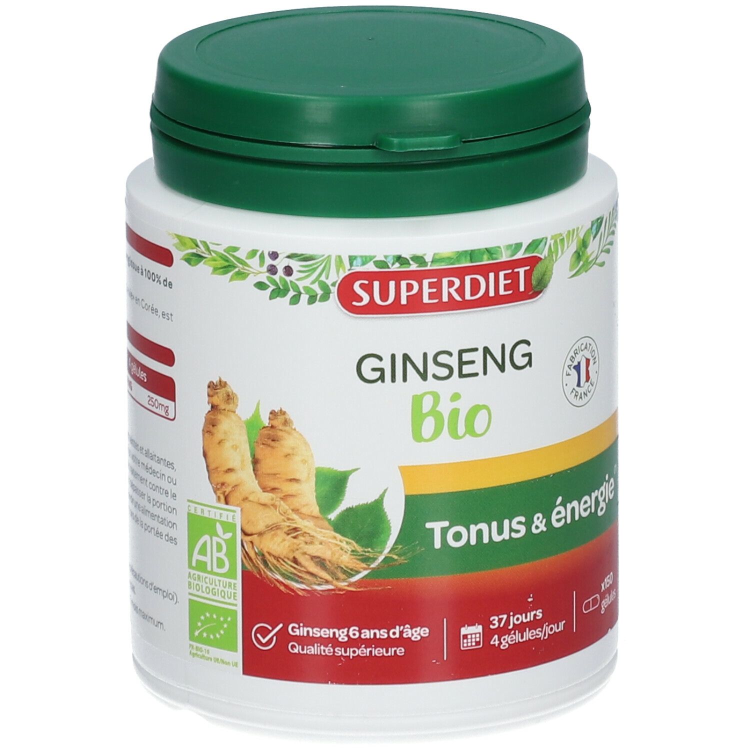 Witte fles met groene dop. Opschrift: SUPERDIET GINSENG Bio. Afbeelding van ginsengwortels. Tonus & énergie.