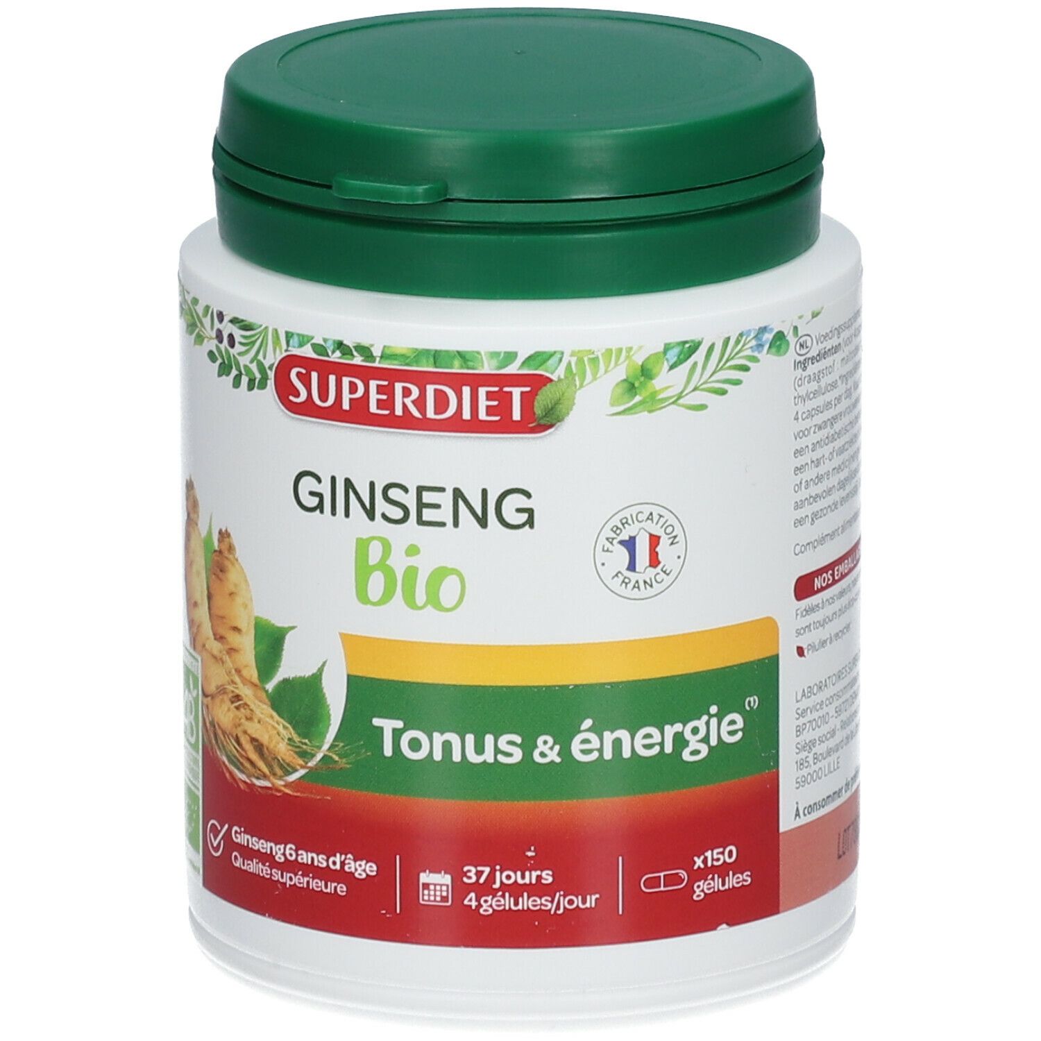 Witte fles met groene dop. Opschrift: SUPERDIET GINSENG Bio. Afbeelding van ginsengwortels. Tonus & énergie.