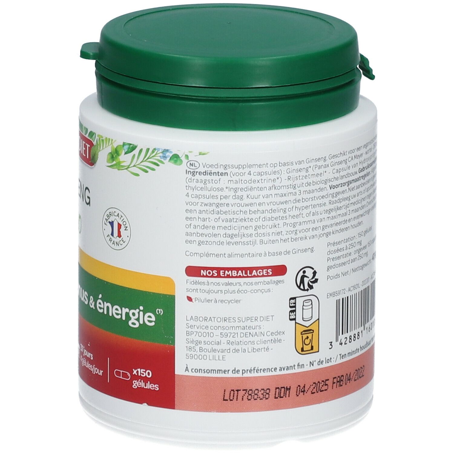 Achterkant van de witte fles met groene dop. Tekst: ingrediënten, dosering, houdbaarheid. Bio-certificering. Barcode.