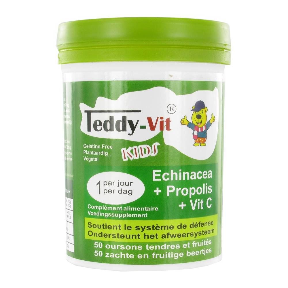 Pot Teddy-Vit Kids. Echinacea, Propolis et Vitamine C. Sans gélatine. 50 oursons. Emballage vert et blanc.