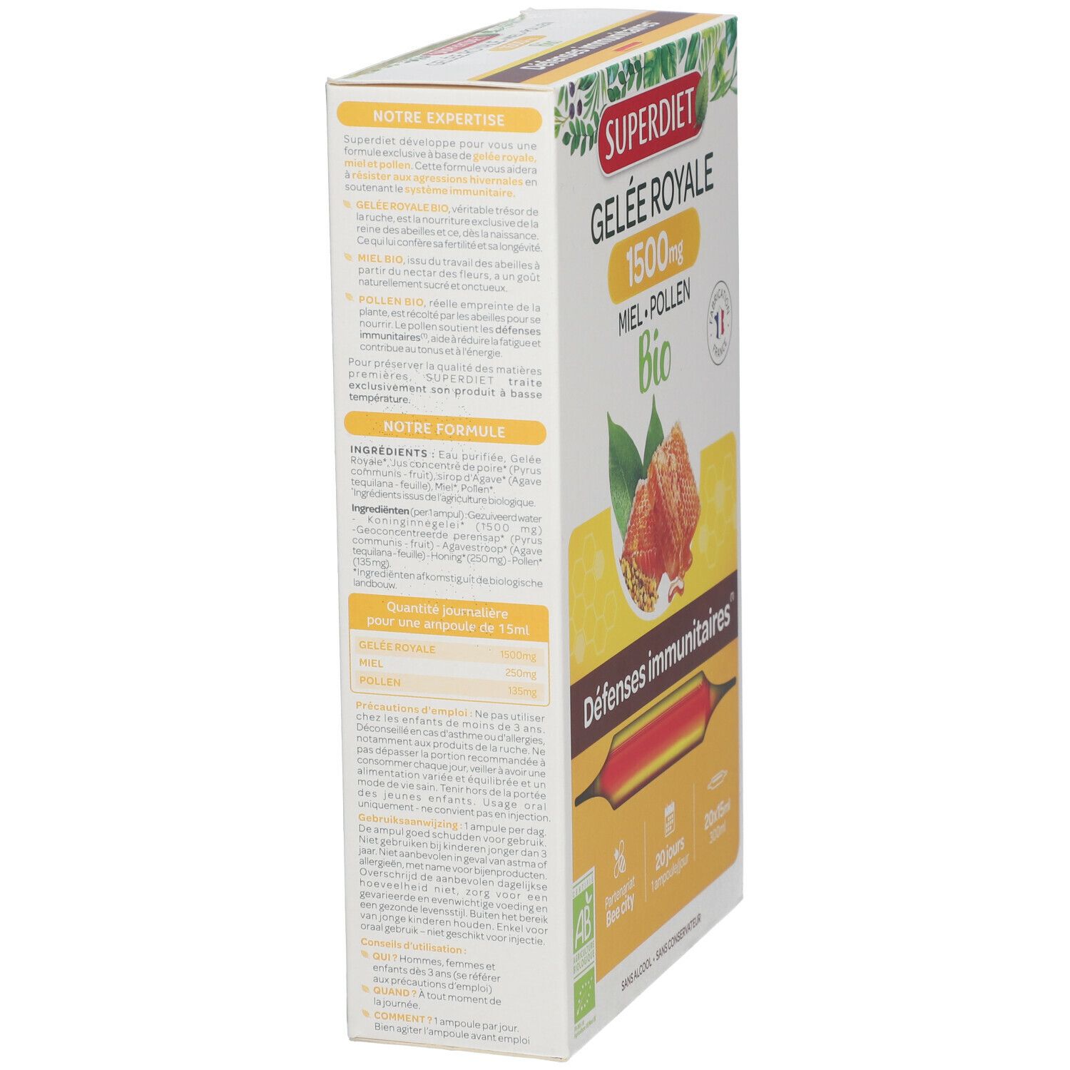 Vue latérale de la boîte SUPERDIET Gelée Royale BIO. Texte : Gelée Royale 1500mg, Miel, Pollen, Bio. Avec informations.