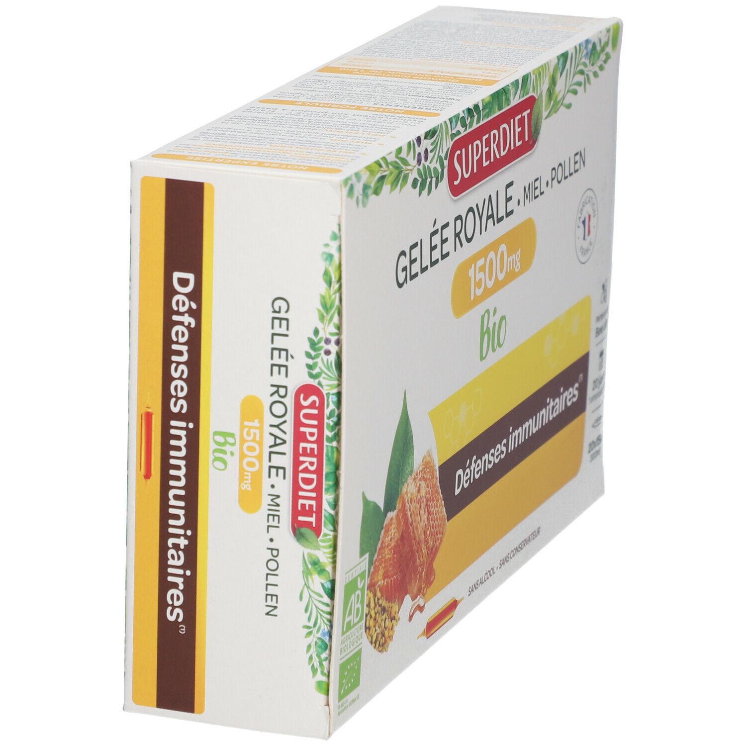 Boîte SUPERDIET Gelée Royale BIO. Inscription : Gelée Royale 1500mg, Miel, Pollen, Bio. Illustration de rayon de miel.