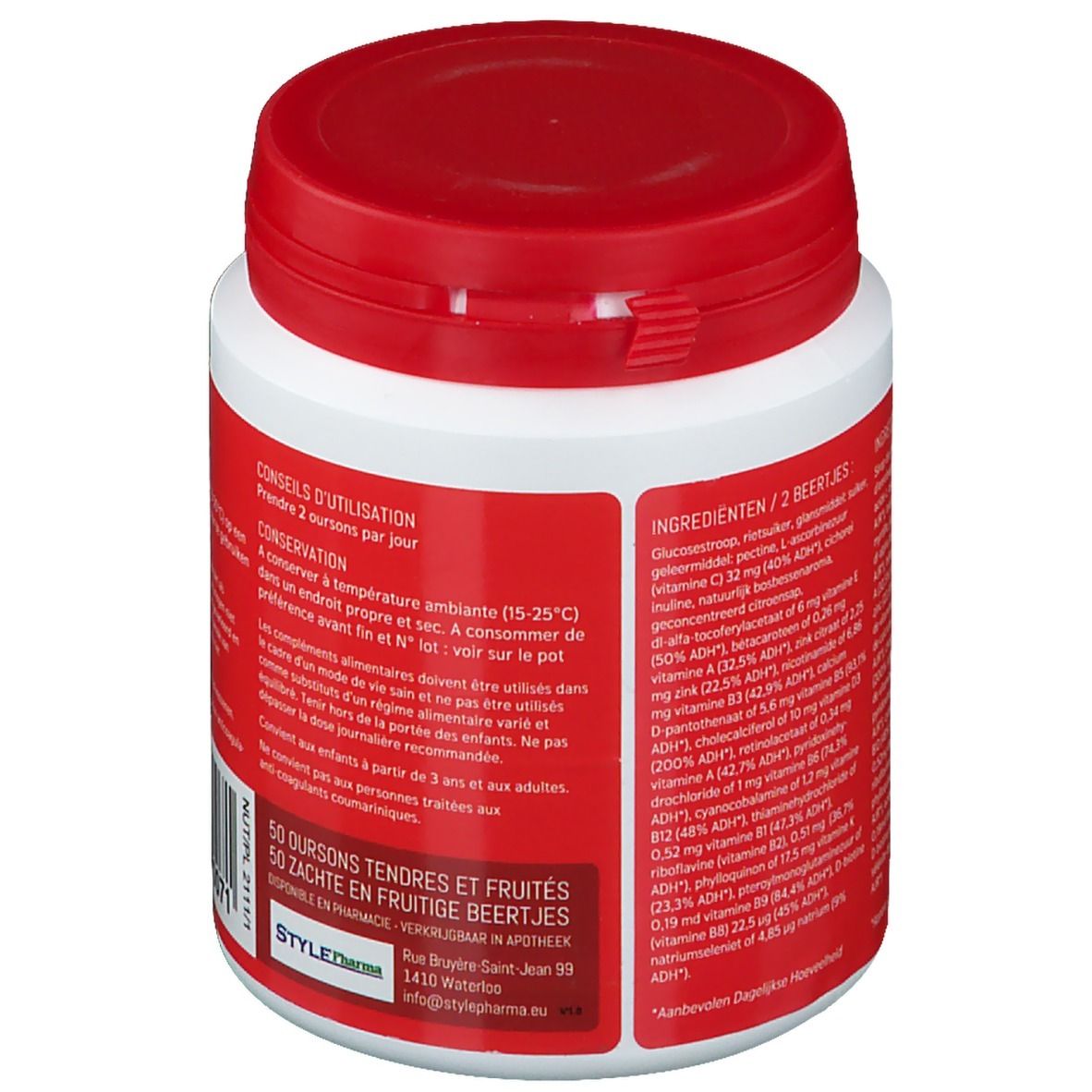 Dos de la boîte. Fond rouge avec textes blancs. Ingrédients et informations nutritionnelles.
