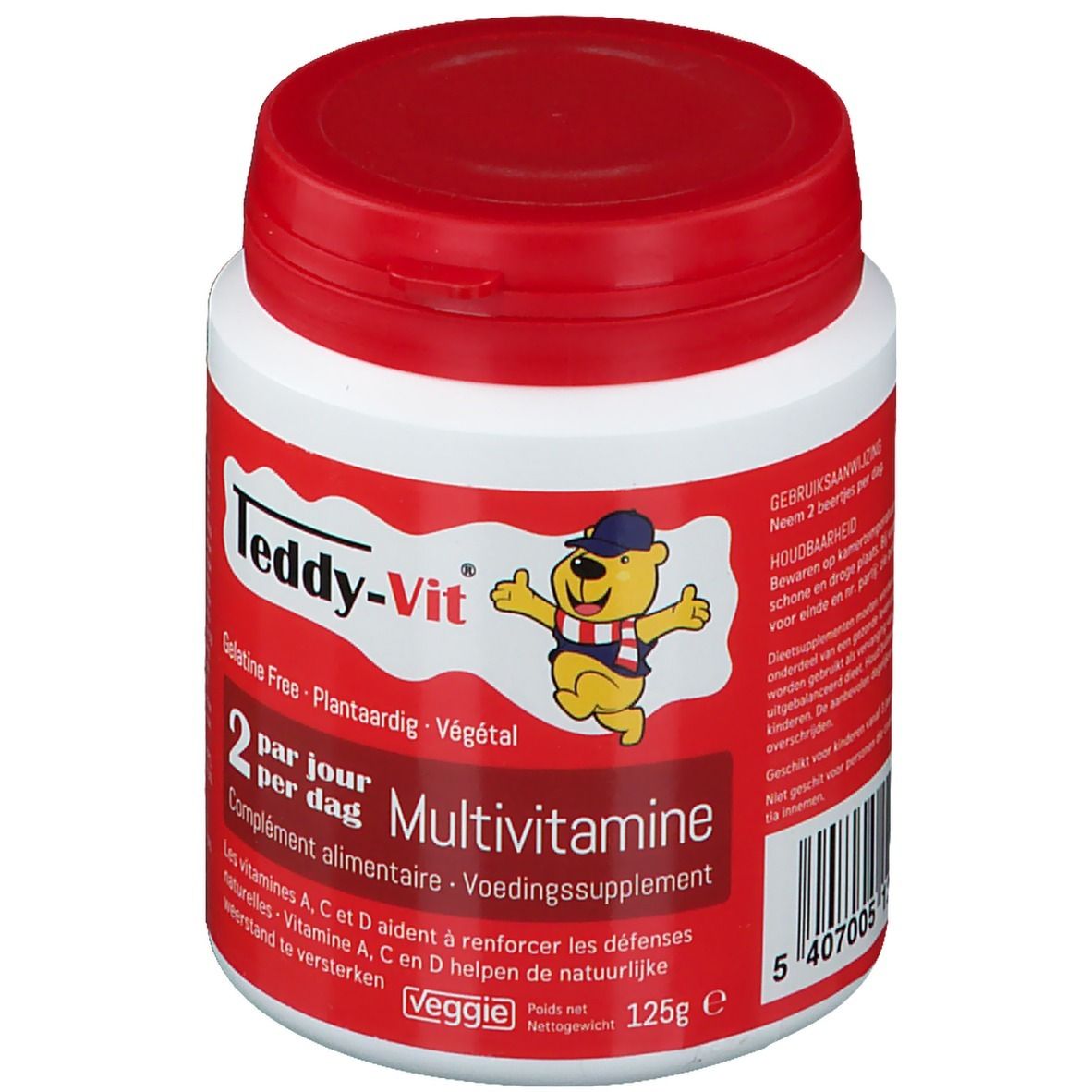 Boîte rouge et blanche avec couvercle rouge. Inscription: Teddy-Vit Multivitamine. Sans gélatine. 125g.