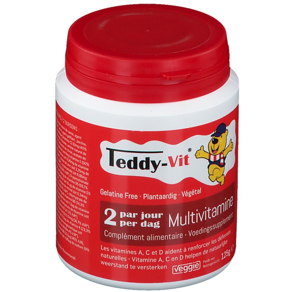 Boîte rouge et blanche avec couvercle rouge. Inscription: Teddy-Vit Multivitamine. Sans gélatine. 125g.
