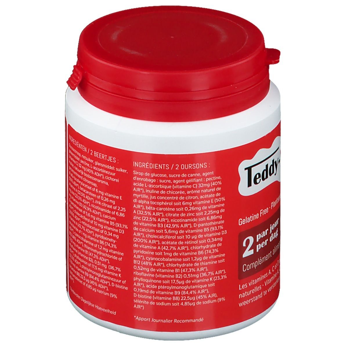 Dos de la boîte. Fond rouge avec textes blancs. Ingrédients et informations nutritionnelles.