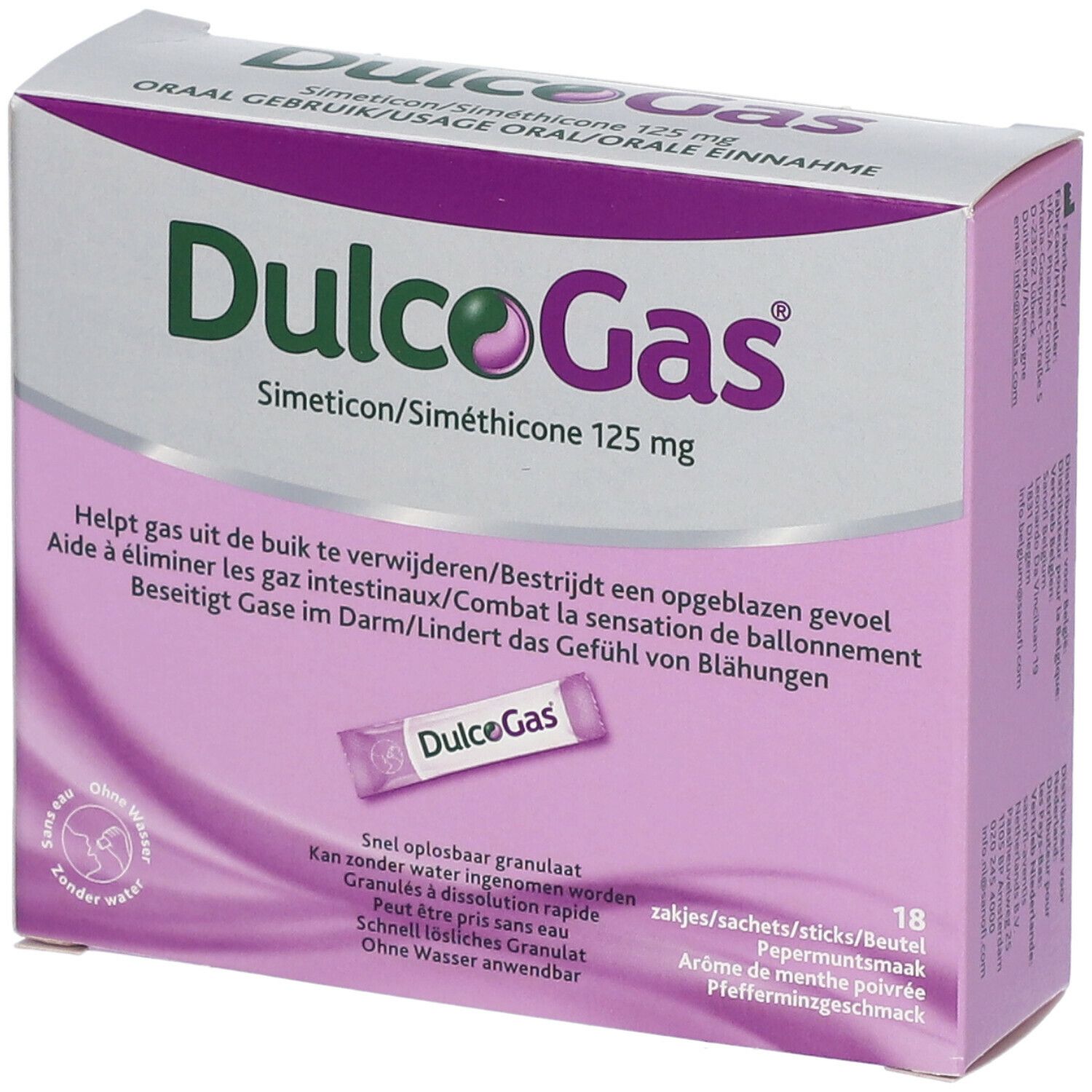Boîte de DulcoGas 125 mg. Carton blanc et violet avec nom et ingrédients. Contient 18 sachets.