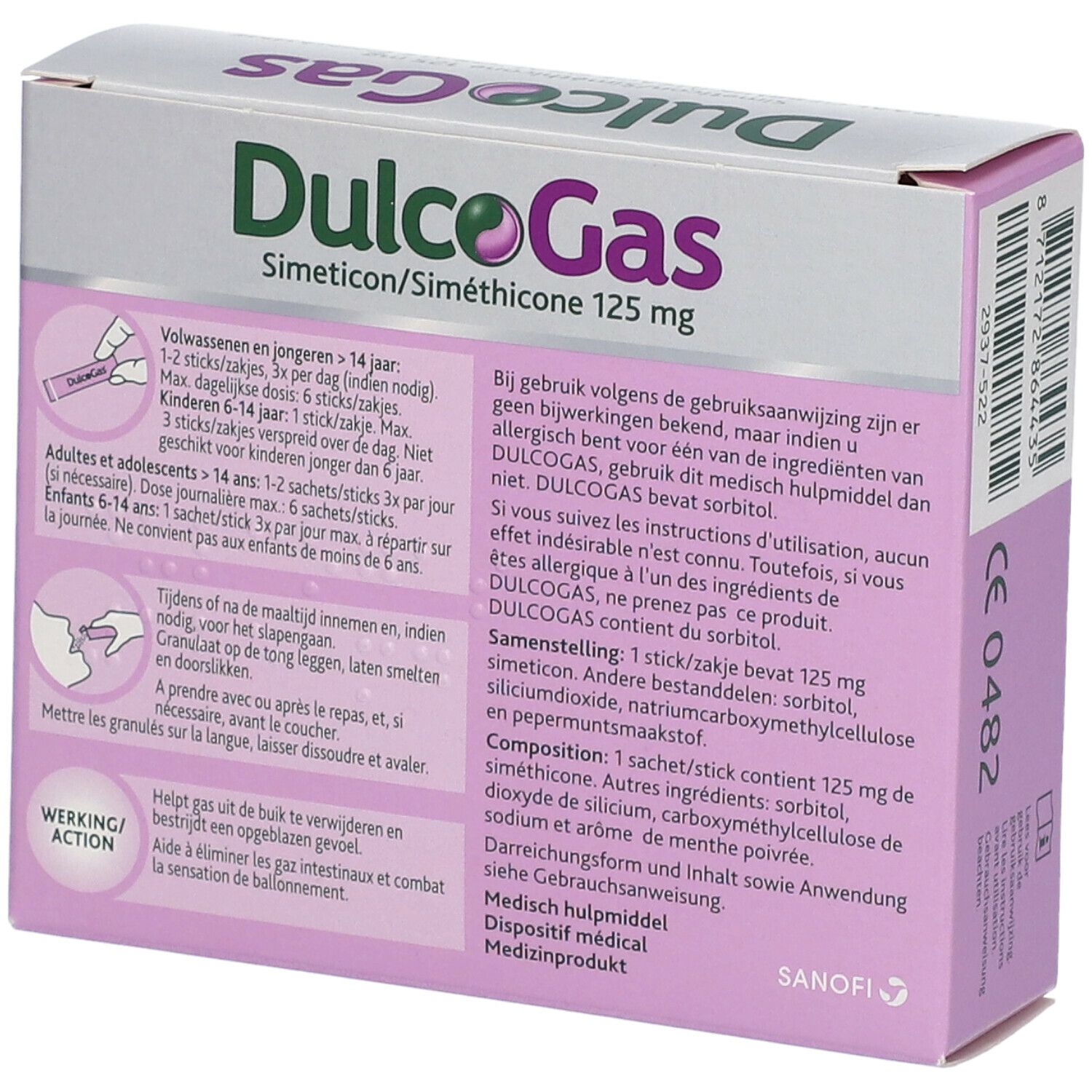 Dos de la boîte de DulcoGas 125 mg. Informations sur l'utilisation et les ingrédients. Marquage CE.