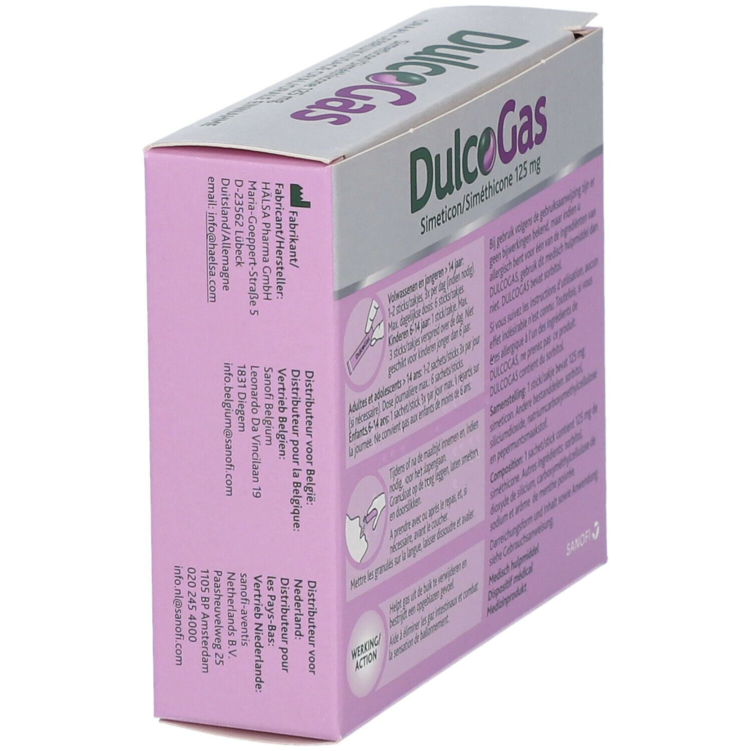 Vue latérale de la boîte de DulcoGas 125 mg. Informations sur le fabricant et la distribution.