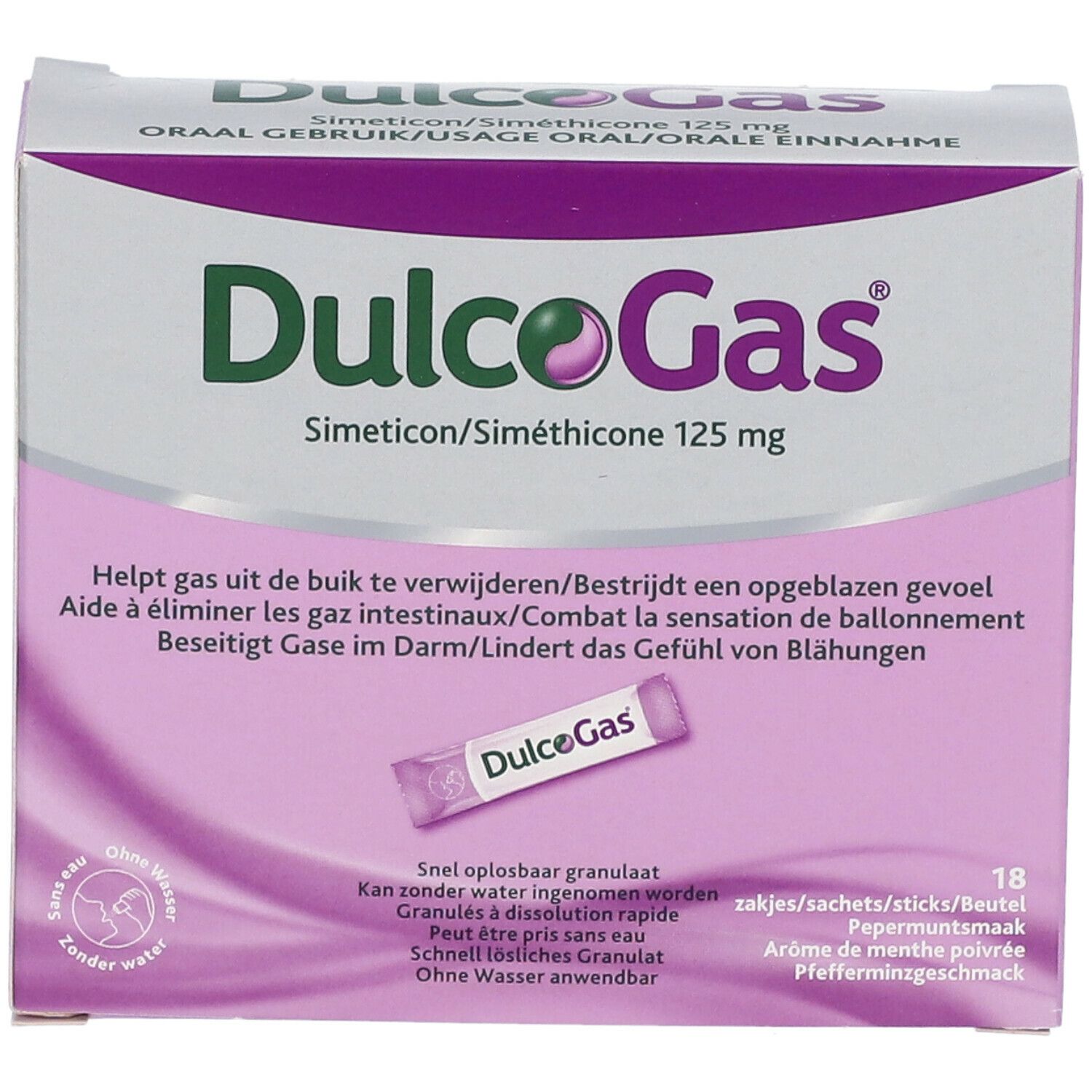Vue de face de la boîte de DulcoGas 125 mg. Carton blanc et violet avec nom et ingrédients. 18 sachets.