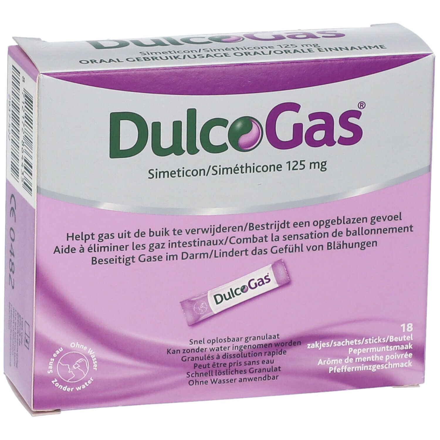 Vue de face de la boîte de DulcoGas 125 mg. Carton blanc et violet avec nom et ingrédients. 18 sachets.