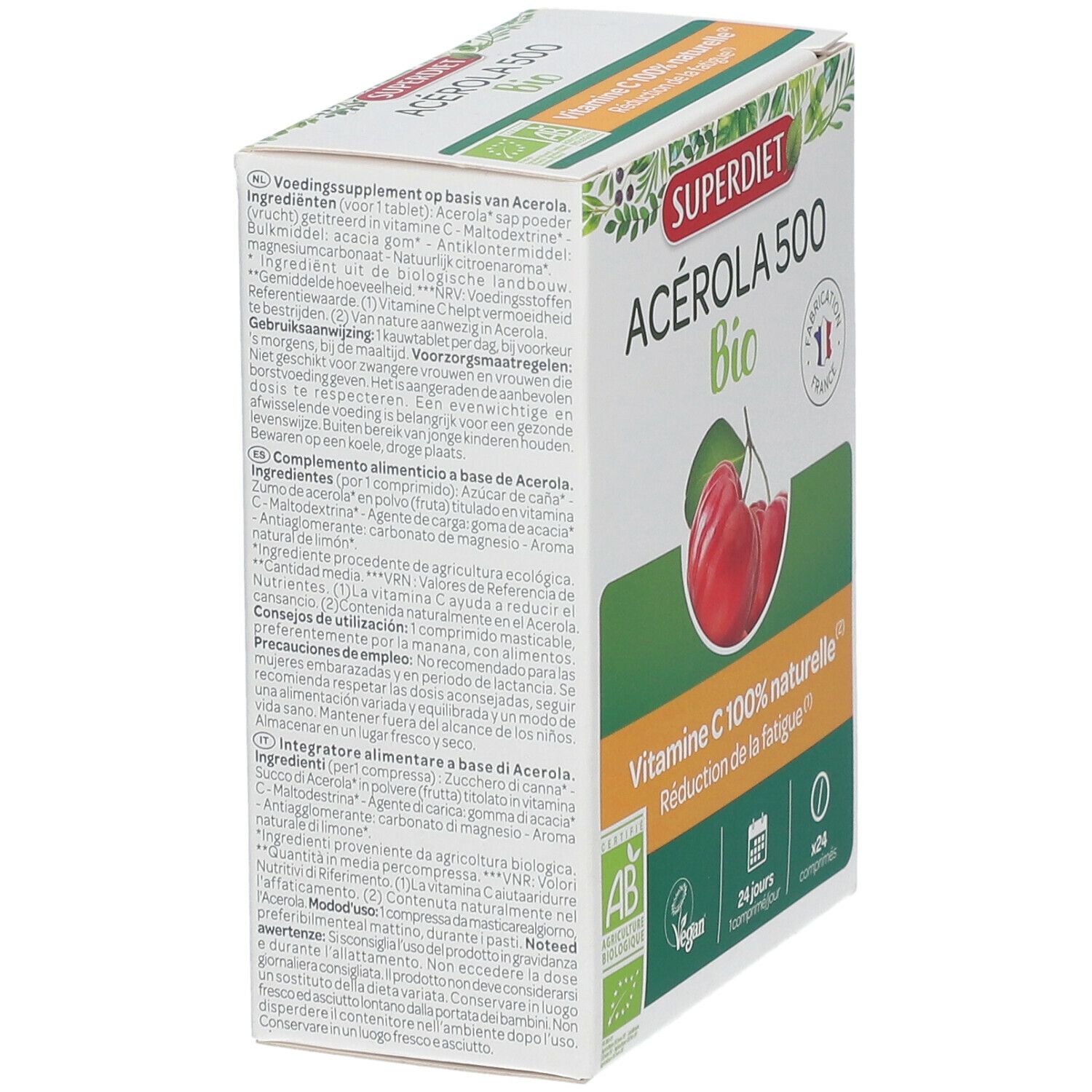 Boîte SUPER DIET Acerola 500 Bio. Vue latérale avec ingrédients et informations produit en plusieurs langues.