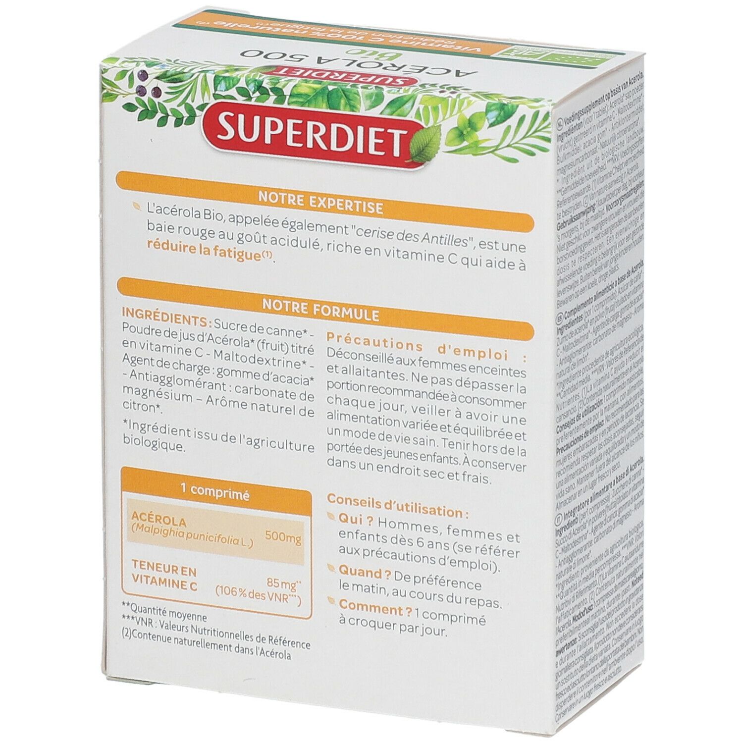 Dos de la boîte SUPER DIET Acerola 500 Bio. Contient informations produit, ingrédients et conseils d'utilisation.