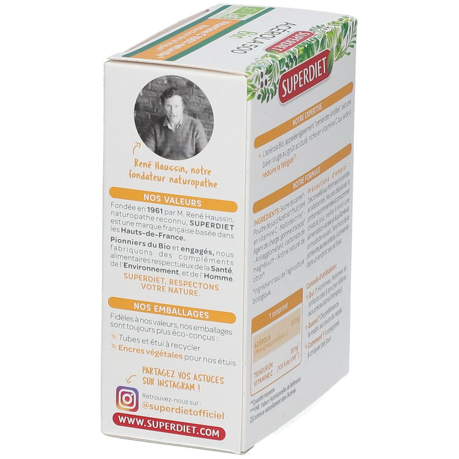 Côté de la boîte SUPER DIET Acerola 500 Bio. Contient des informations sur le fondateur et la durabilité.