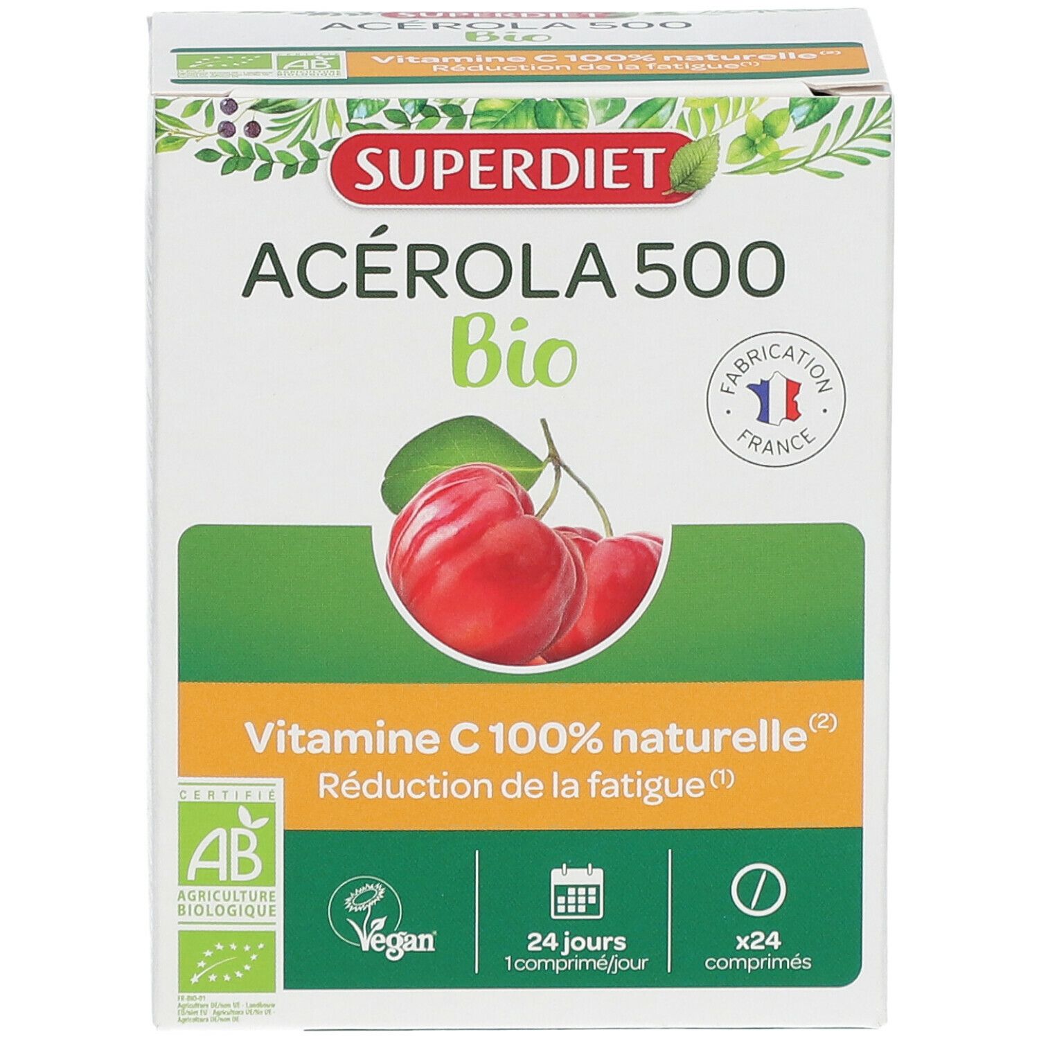 Boîte SUPER DIET Acerola 500 Bio. Boîte blanche avec nom du produit, illustration de cerises et certifications.