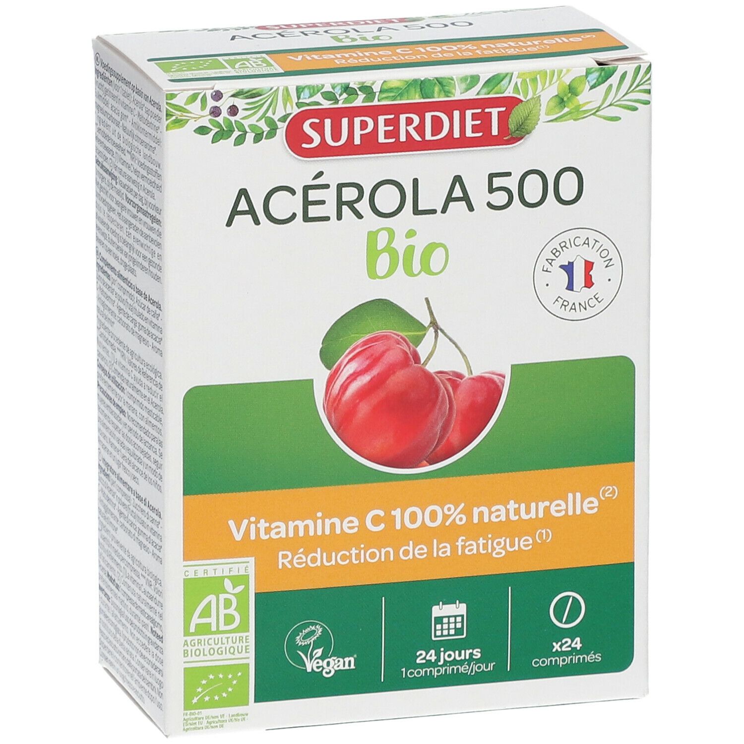 Boîte SUPER DIET Acerola 500 Bio. Boîte blanche avec nom du produit, illustration de cerises et certifications.