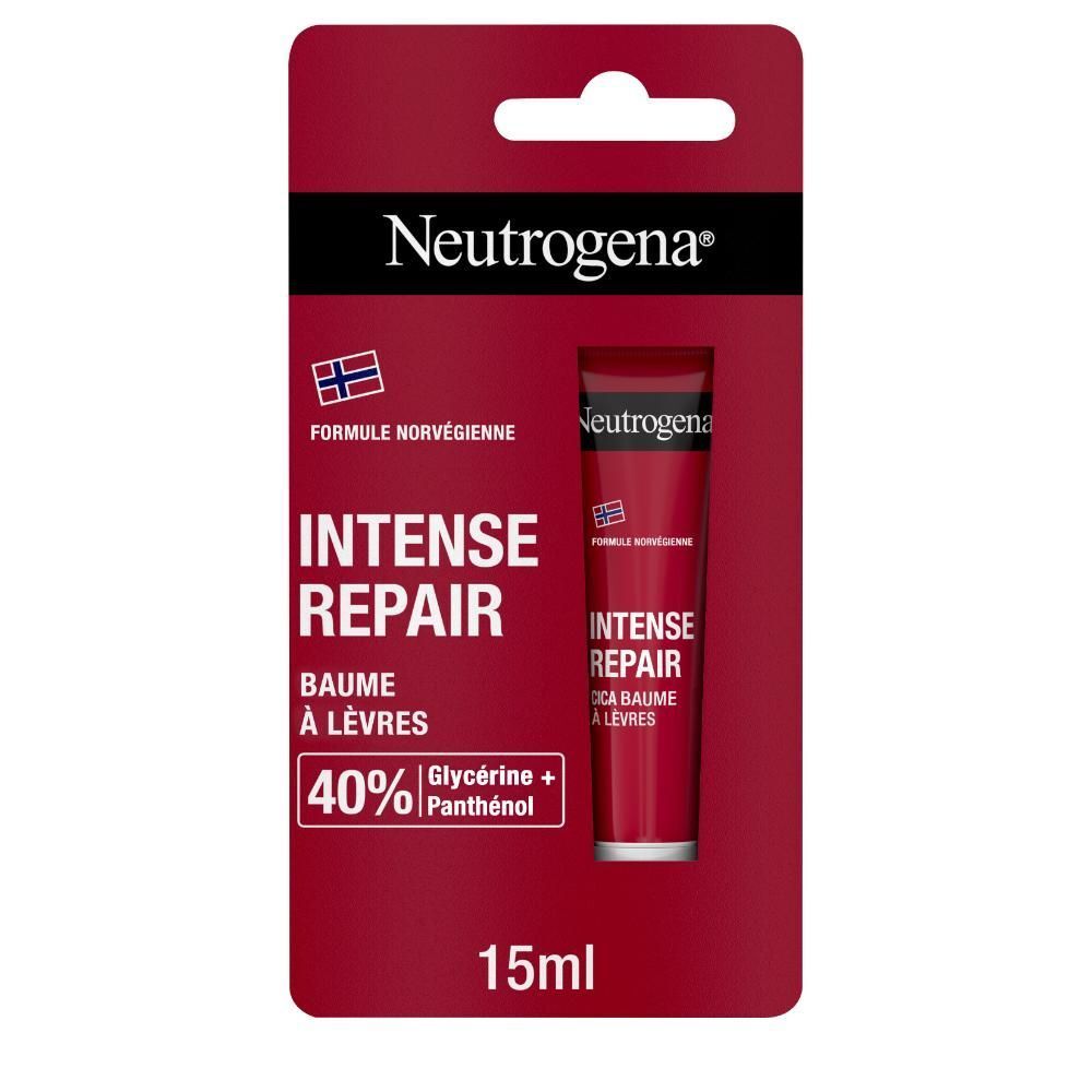 Baume à lèvres Neutrogena®. Emballage rouge avec produit et logo. Formule norvégienne.