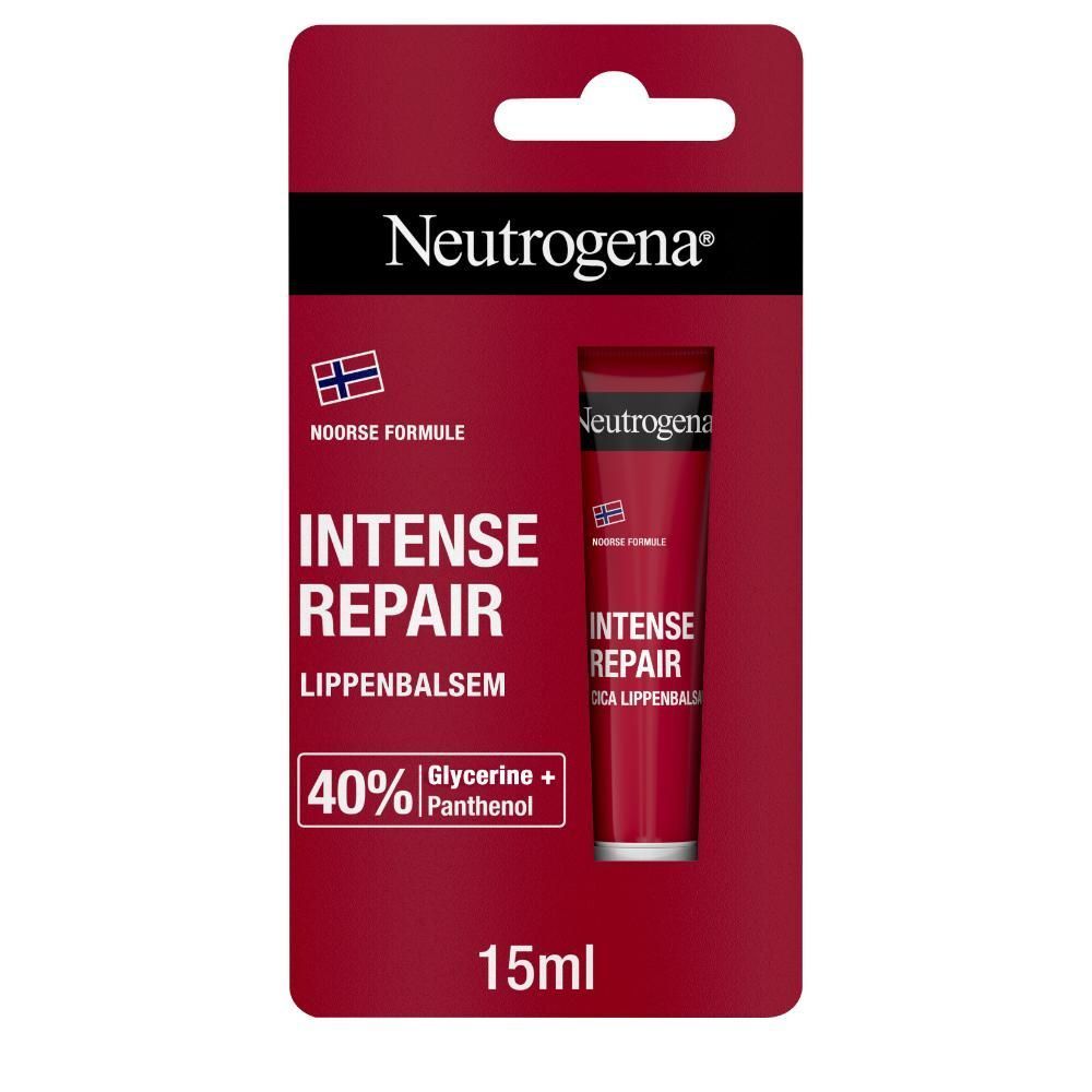 Neutrogena® lippenbalsem. Rode verpakking met product en logo. Noorse formule.