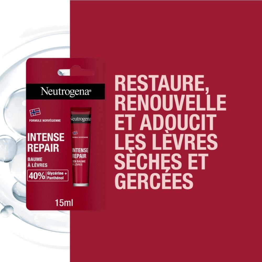 Baume à lèvres Neutrogena®. Emballage rouge avec produit et logo. Formule norvégienne.