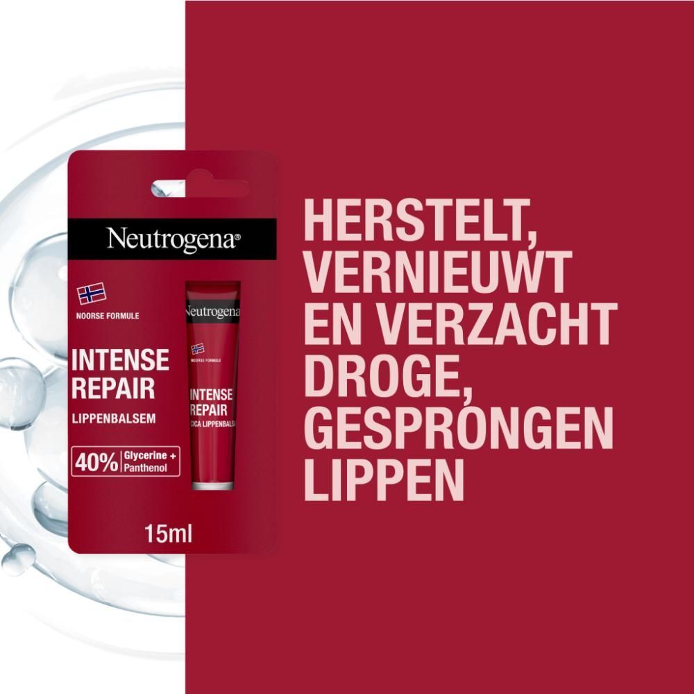 Neutrogena® lippenbalsem. Rode verpakking met product en logo. Noorse formule.