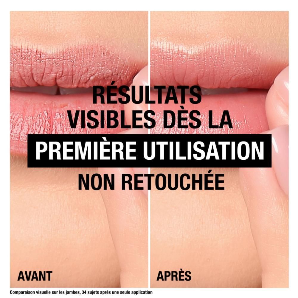 Comparaison des lèvres avant/après. Texte : Résultats visibles dès la première utilisation.