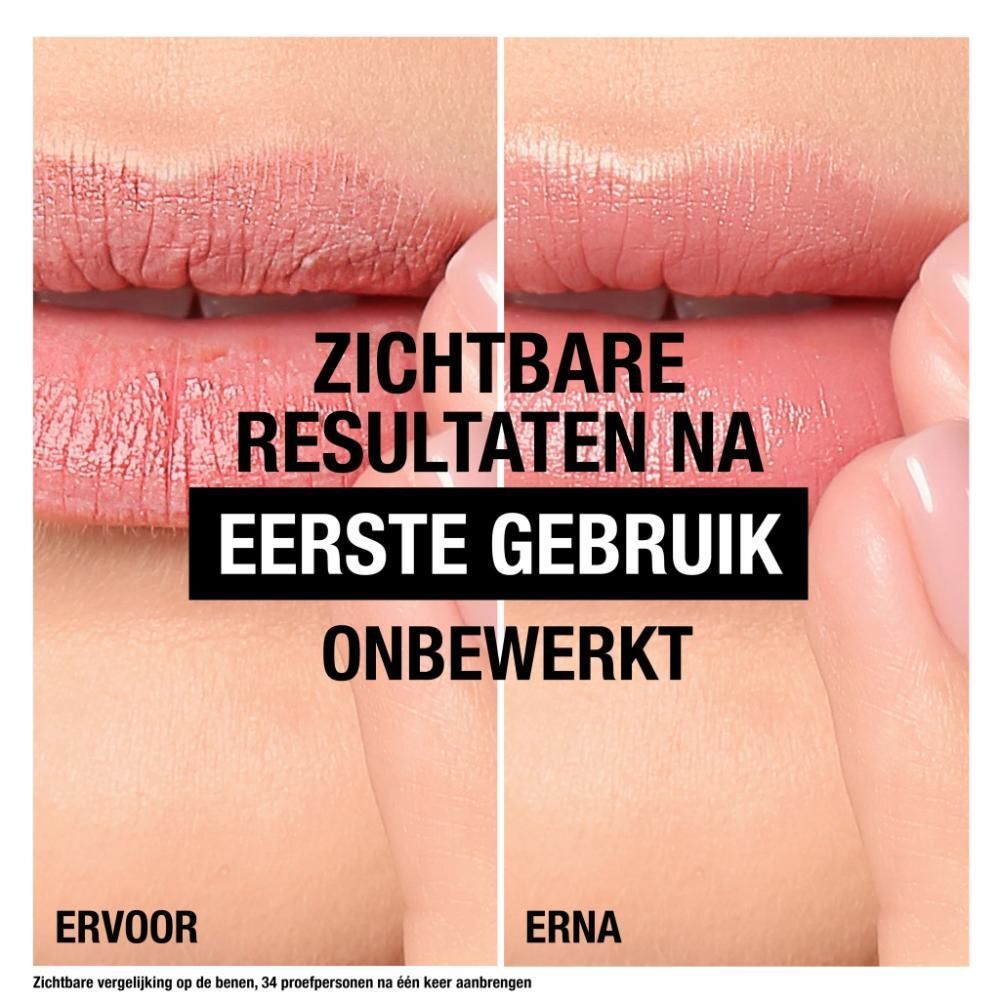 Vergelijking van lippen voor en na gebruik. Tekst: Resultaten zichtbaar na eerste gebruik.