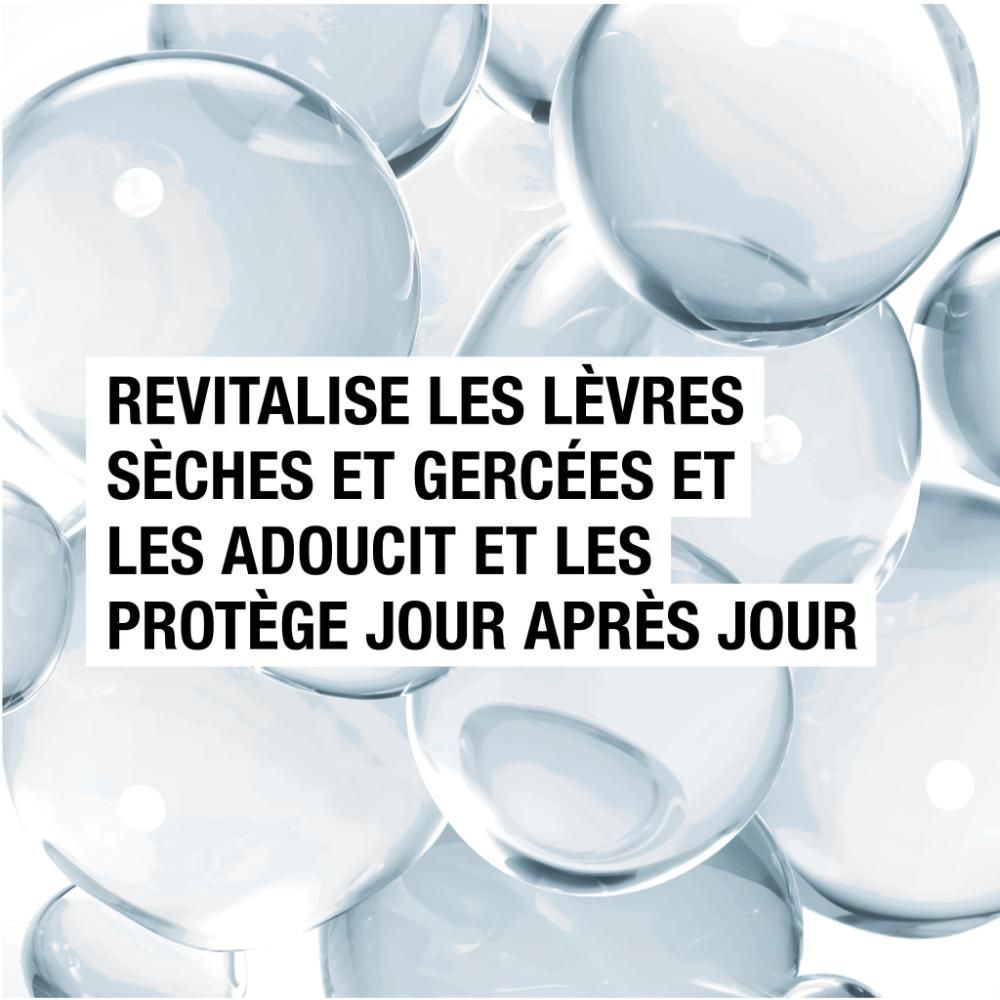 Image de billes. Texte : Revitalise les lèvres sèches et gercées et les protège.