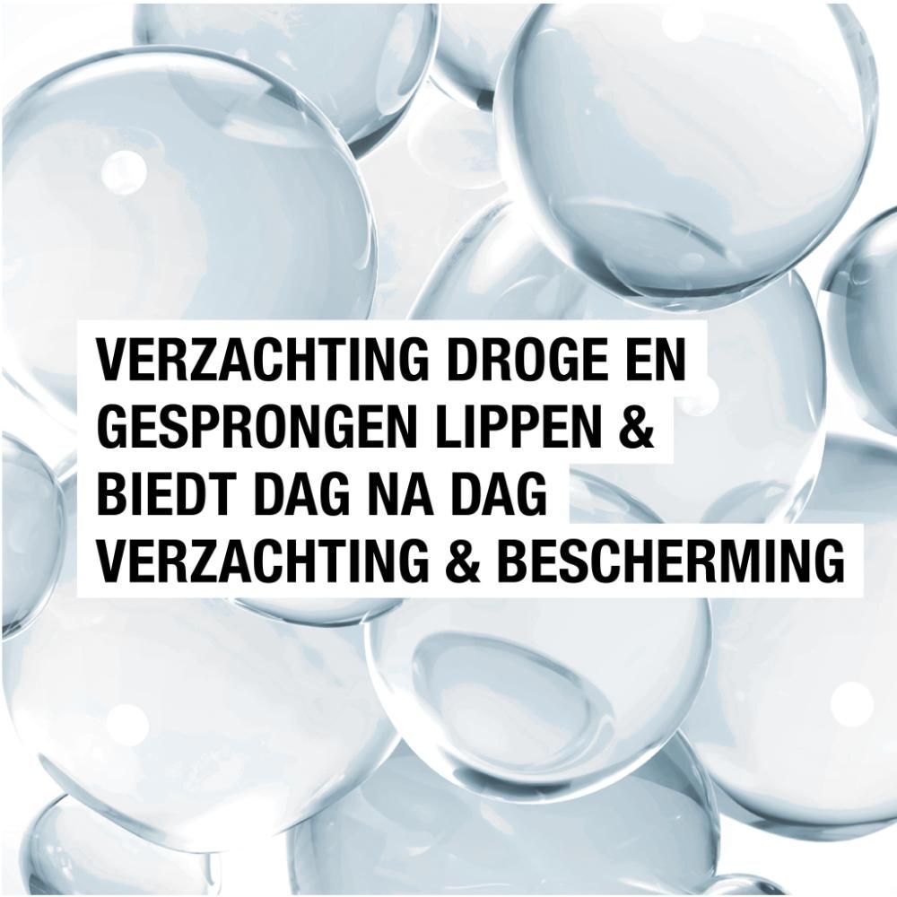 Afbeelding van bolletjes. Tekst: Verzacht droge en gesprongen lippen & beschermt.